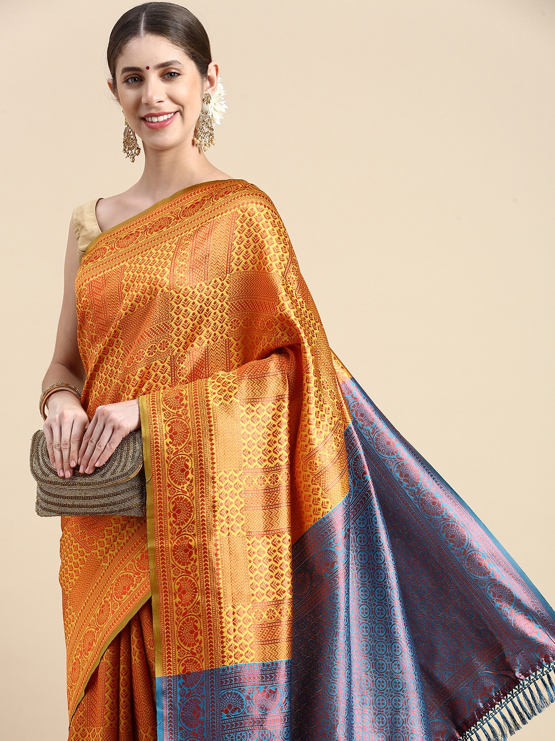 Pothys Yellow & Blue Woven Design Jute Silk Saree