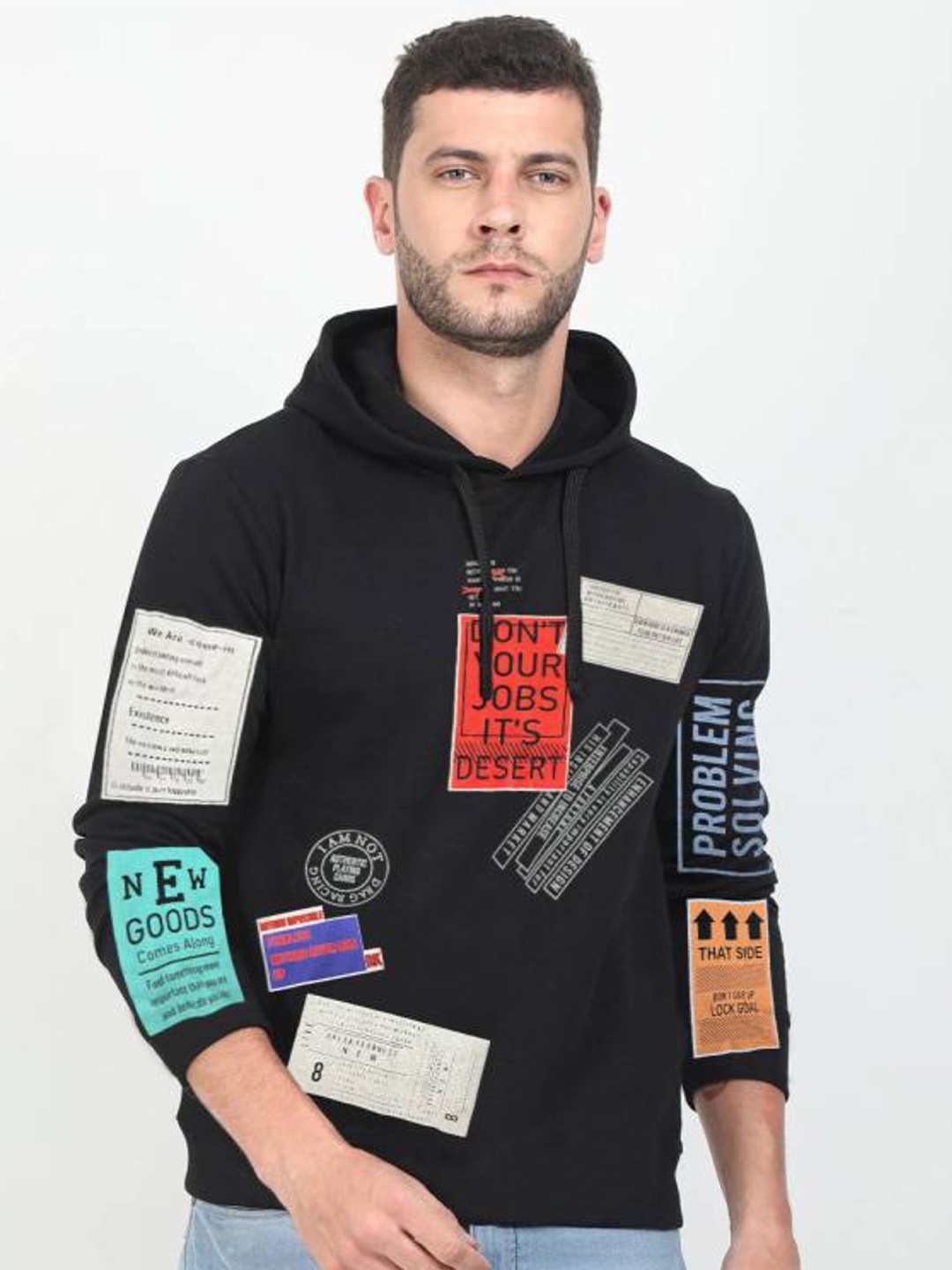 Try This Typography Printed Hooded Drop Shoulder Sleeves Cotton Loose Fit T-shirt, Black
Try This Typography Printed Hooded Drop Shoulder Sleeves Cotton Loose Fit T-shirt, Black