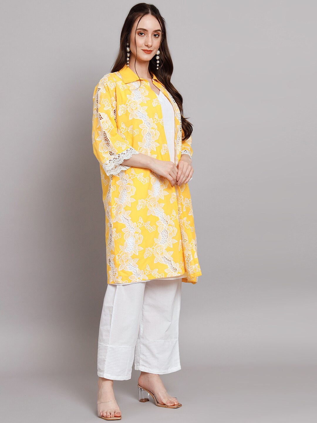 SWI Stylish Floral Embroidered Thread Work Pure Cotton Top With Palazzos & Jacket, Yellow
SWI Stylish Floral Embroidered Thread Work Pure Cotton Top With Palazzos & Jacket, Yellow