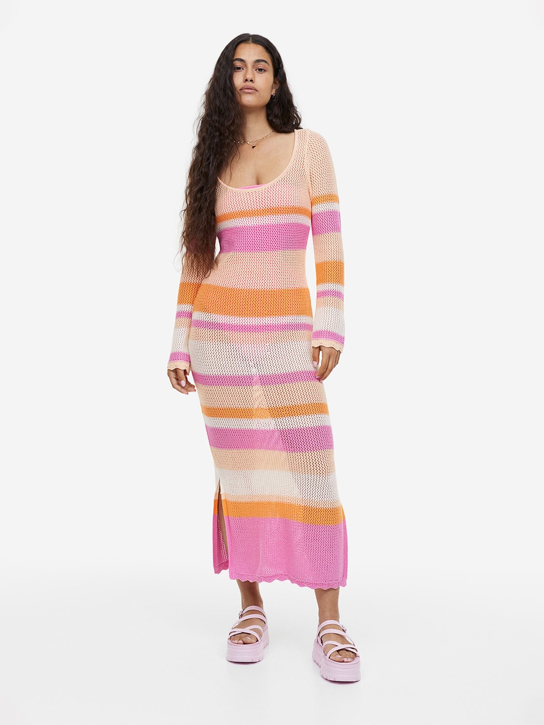 H&M Tie-Detail Hole-Knit Dress, Pink