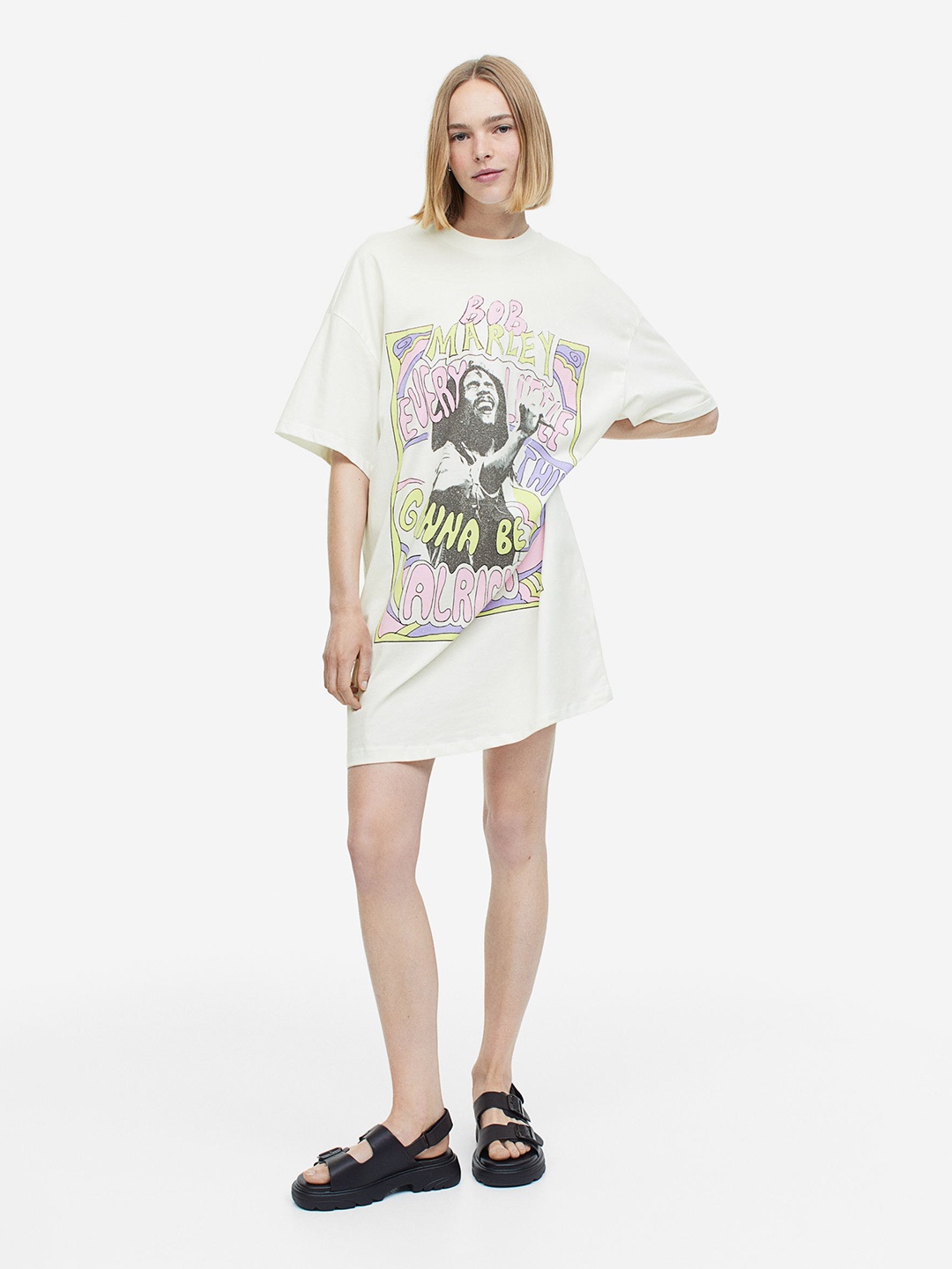 H&M Motif-Front T-Shirt Dress, White