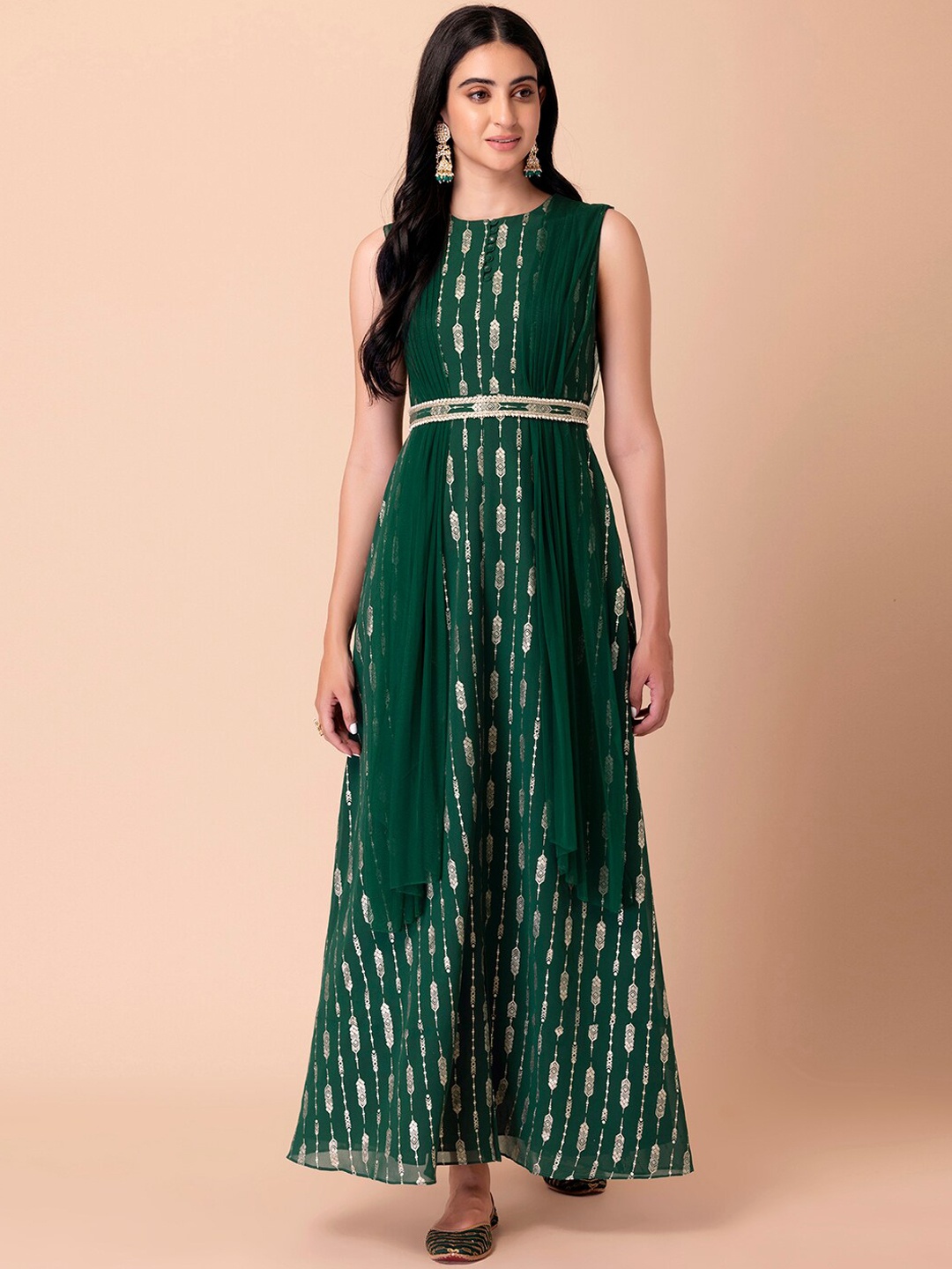 INDYA Ethnic Motifs Printed Georgette Maxi Ethnic Dress With Belt & Draped Dupatta, Green
INDYA Ethnic Motifs Printed Georgette Maxi Ethnic Dress With Belt & Draped Dupatta, Green