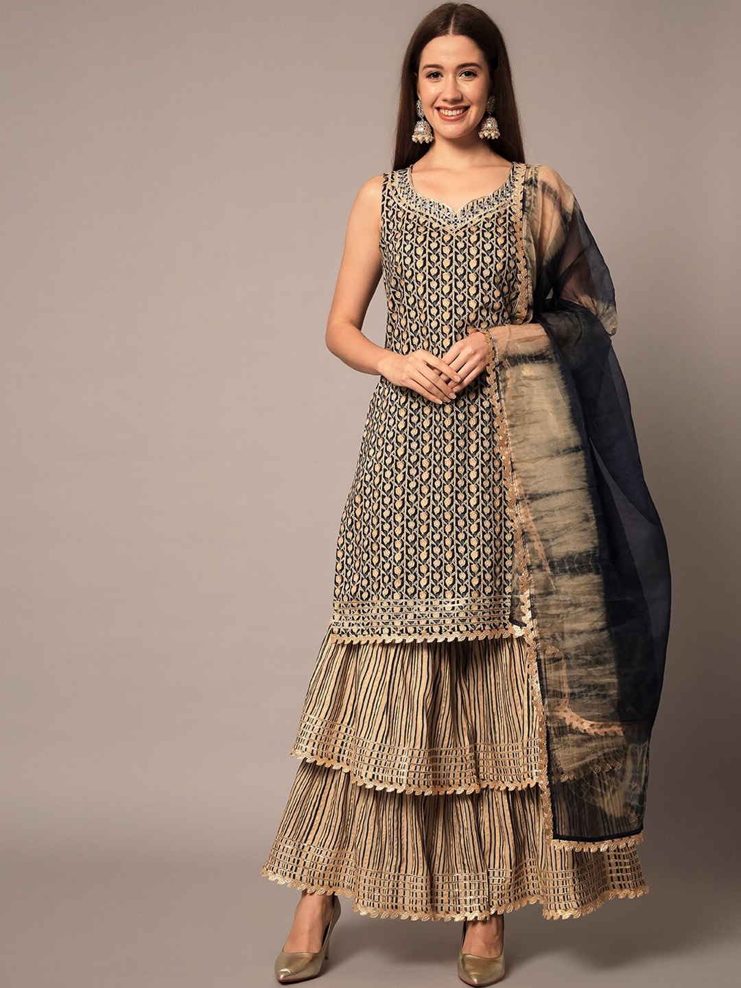 Meeranshi Ethnic Motifs Printed Regular Mirror Work Kurta With Sharara & Dupatta, Brown
Meeranshi Ethnic Motifs Printed Regular Mirror Work Kurta With Sharara & Dupatta, Brown