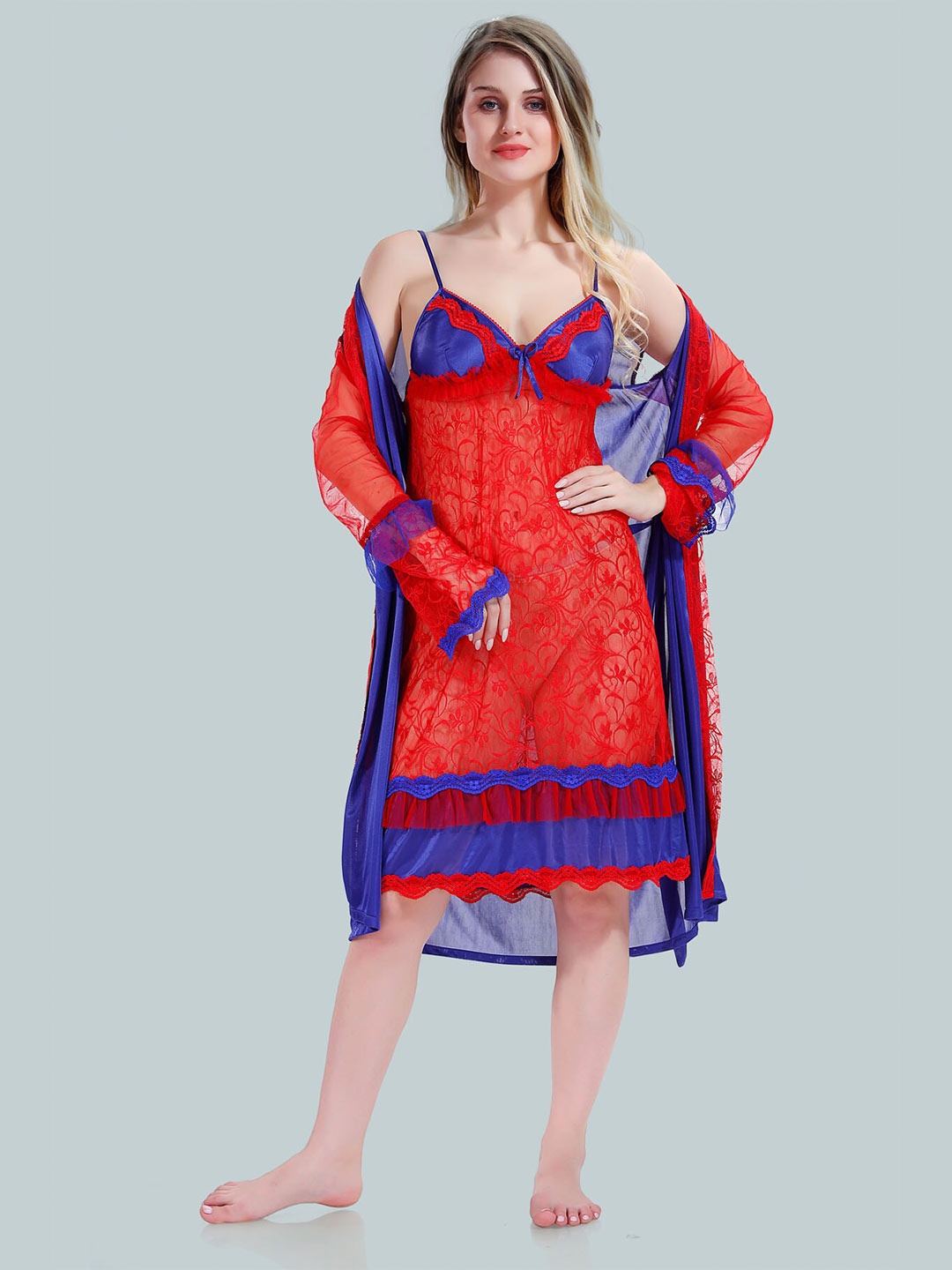 Be You V Neck Floral Self Design Lace Up Details Satin Baby Dolls With Robe, Blue
Be You V Neck Floral Self Design Lace Up Details Satin Baby Dolls With Robe, Blue
