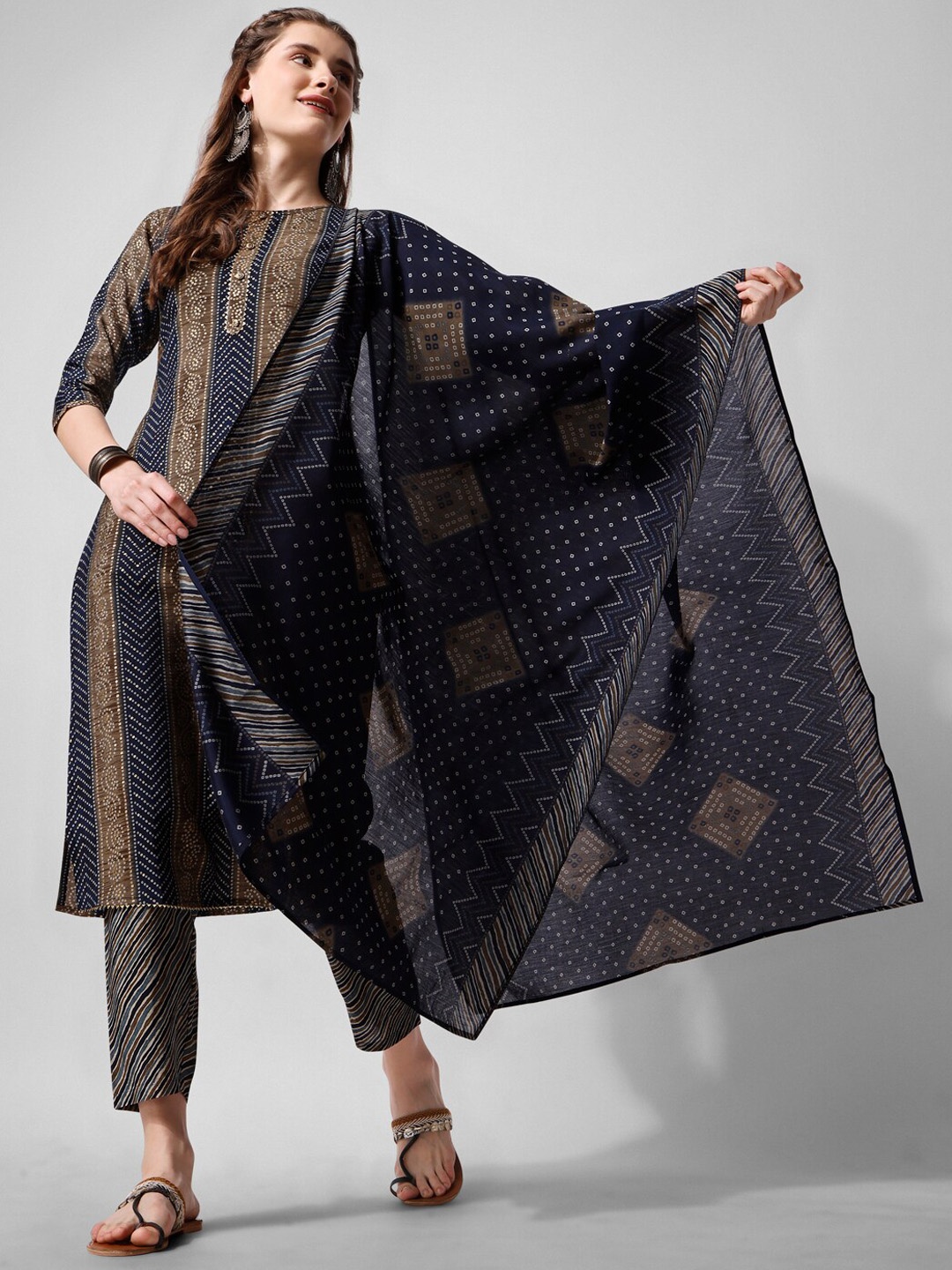 Berrylicious Bandhani Printed Gotta Patti Chanderi Cotton Kurta with Trousers & Dupatta, Navy blue
Berrylicious Bandhani Printed Gotta Patti Chanderi Cotton Kurta with Trousers & Dupatta, Navy blue