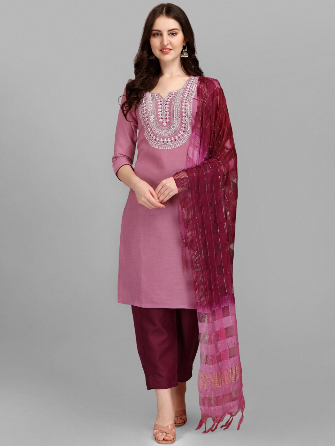 KALINI Yoke Design Notched Neck Thread Work Pure Cotton Kurta With Trousers & Dupatta, Mauve
KALINI Yoke Design Notched Neck Thread Work Pure Cotton Kurta With Trousers & Dupatta, Mauve