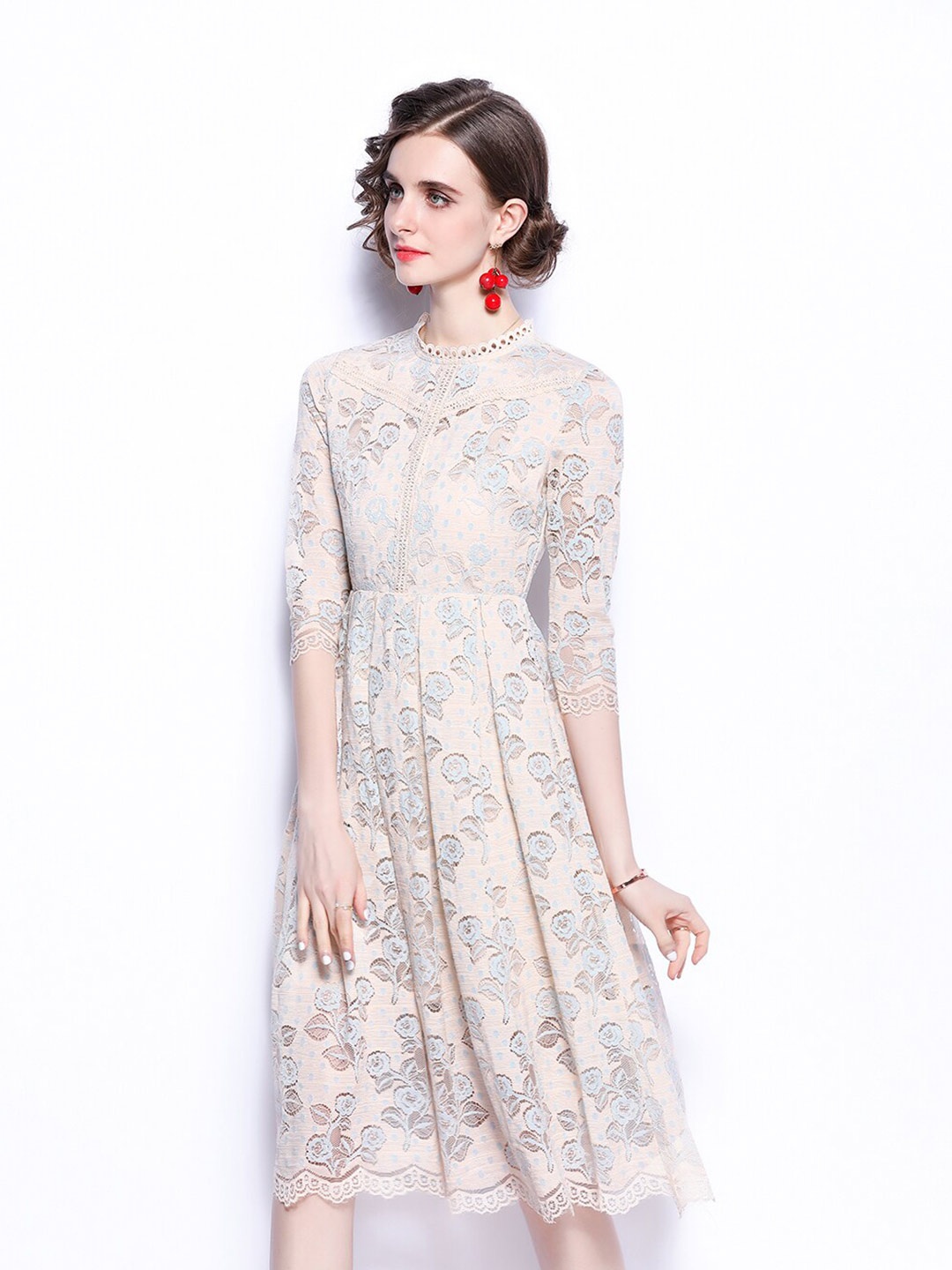 JC Collection Beige Floral Print A-Line Midi Dress
