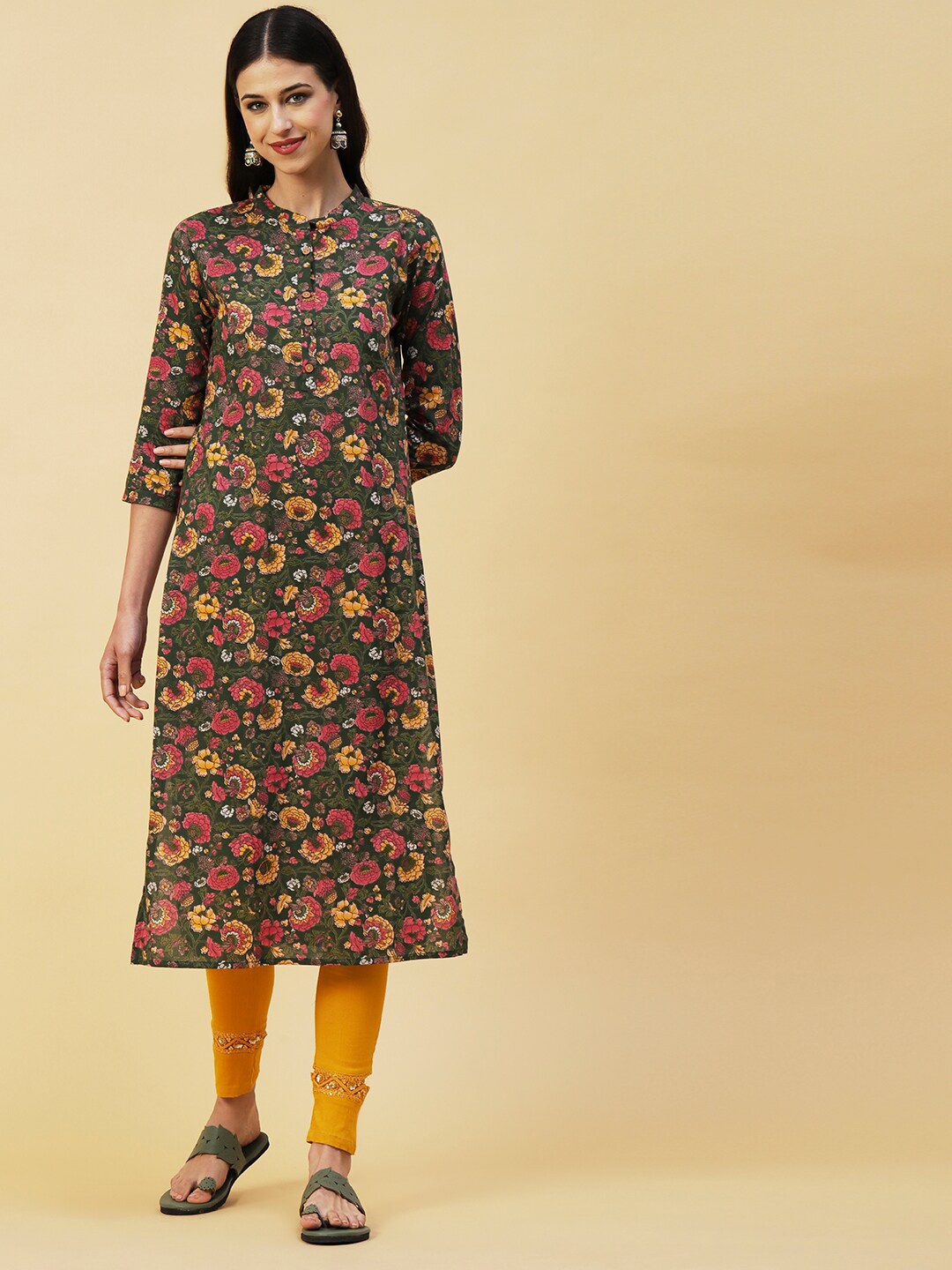 FASHOR Green & Pink Floral Printed Mandarin Collar Kurta