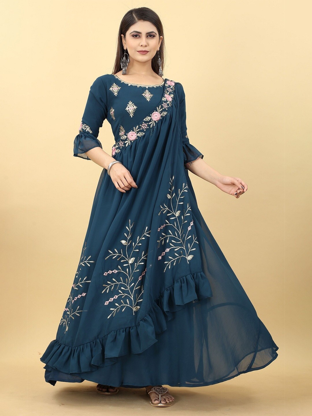 YOYO Fashion Floral Embroidery Bell Sleeves Georgette Ethnic Dress With Dupatta, Blue
YOYO Fashion Floral Embroidery Bell Sleeves Georgette Ethnic Dress With Dupatta, Blue