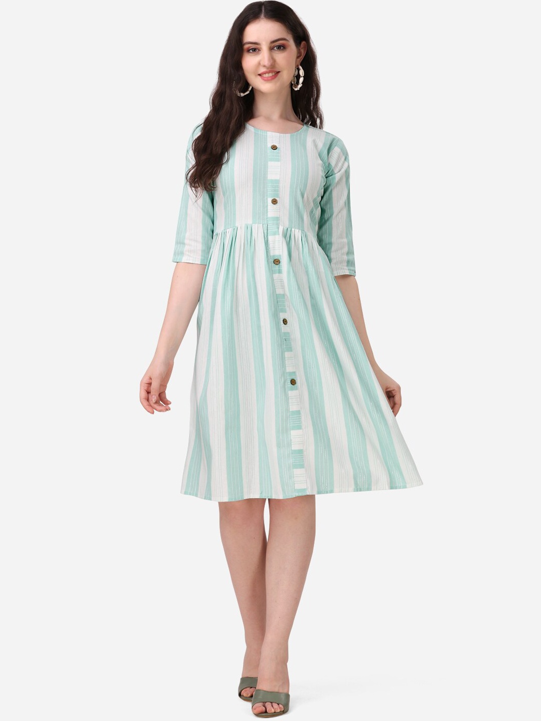 KALINI Striped Pure Cotton Fit and Flare Dress, Green