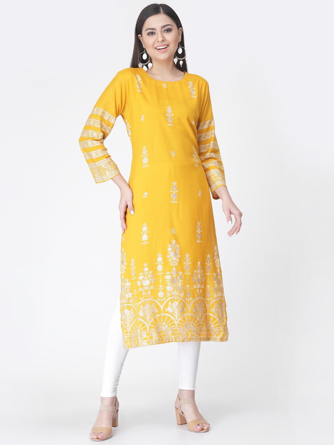 KALINI Yellow & White Floral Printed Pure Cotton Kurta