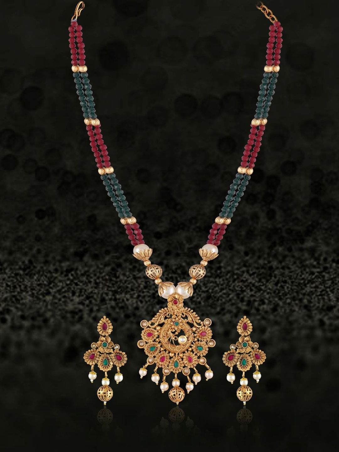 MANSIYAORANGE Gold-Plated Stone-Studded & Beaded Temple Long Necklace & Earrings
MANSIYAORANGE Gold-Plated Stone-Studded & Beaded Temple Long Necklace & Earrings
