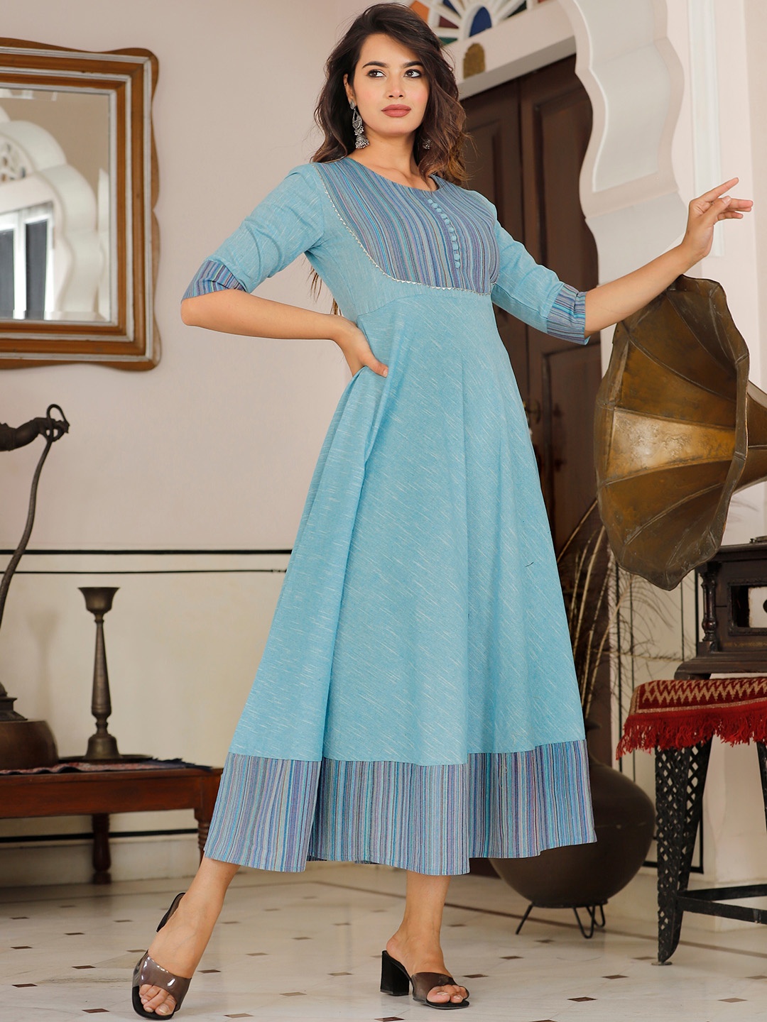 Sanganeri Kurti Striped Gotta Patti Fit & Flare Midi Cotton Ethnic Dress, Turquoise blue
Sanganeri Kurti Striped Gotta Patti Fit & Flare Midi Cotton Ethnic Dress, Turquoise blue