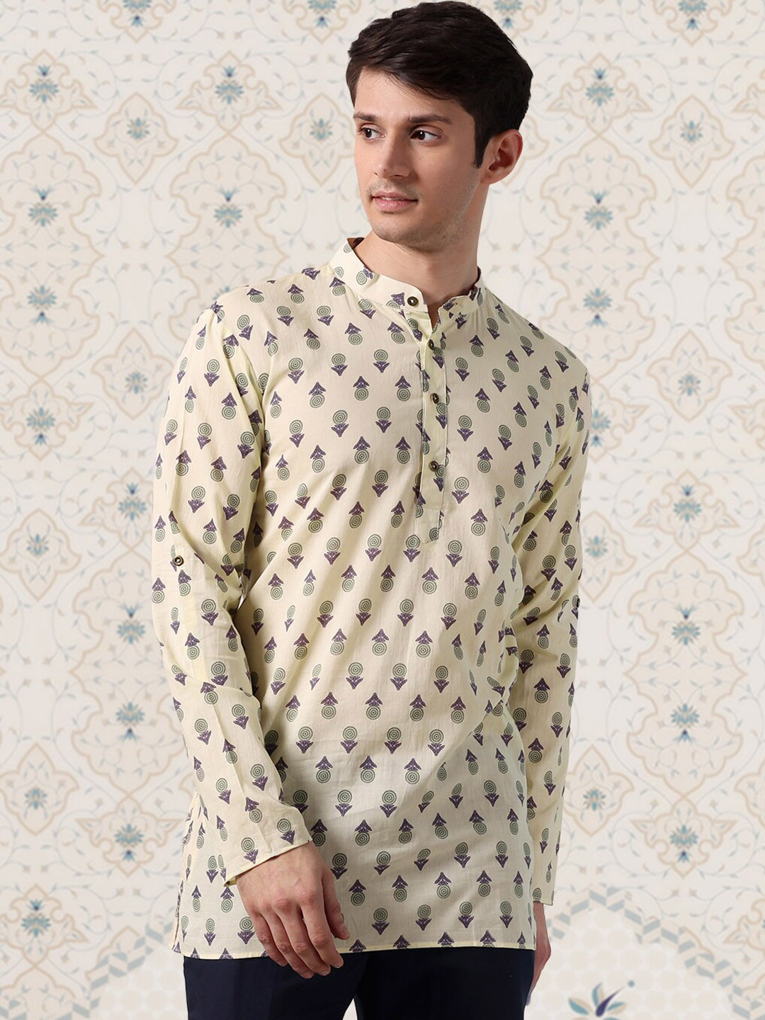 Ode by House of Pataudi Beige & Green Floral Printed Band Collar Pure Cotton Kurta
Ode by House of Pataudi Beige & Green Floral Printed Band Collar Pure Cotton Kurta