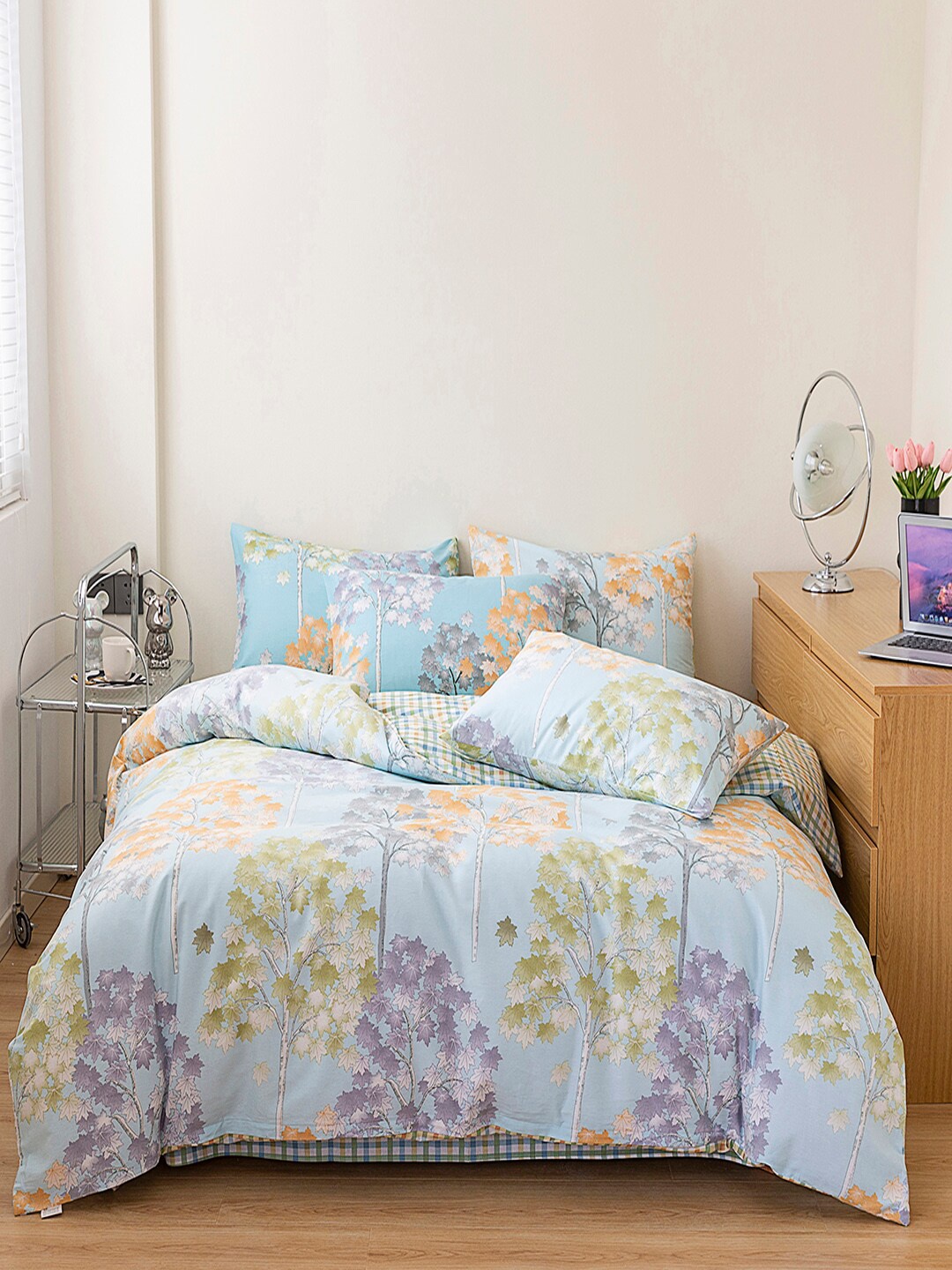 JC Collection Blue & Green Printed Pure Cotton Double Queen Bedding Set