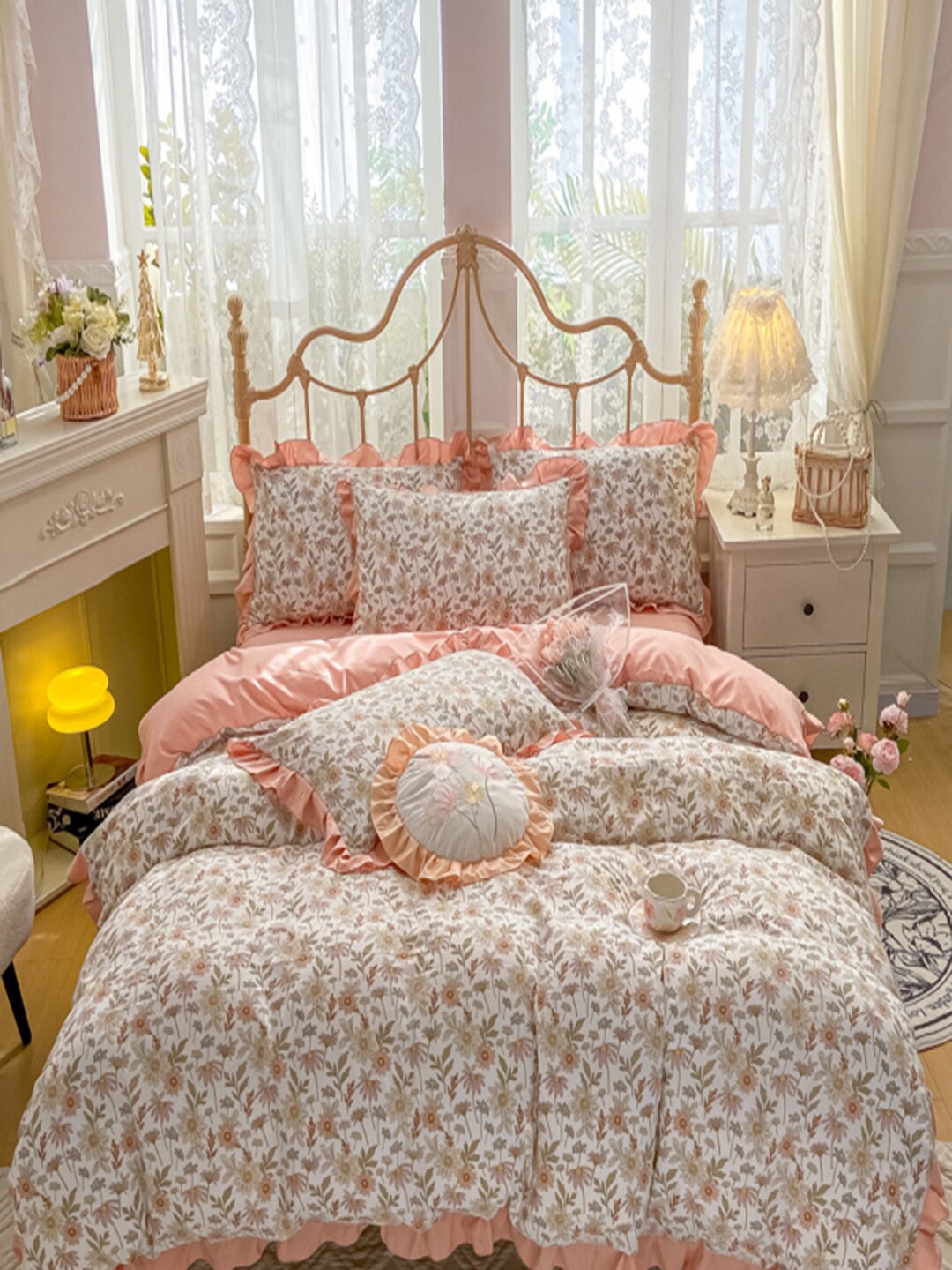JC HOME Pink Printed Double King Bedding Set