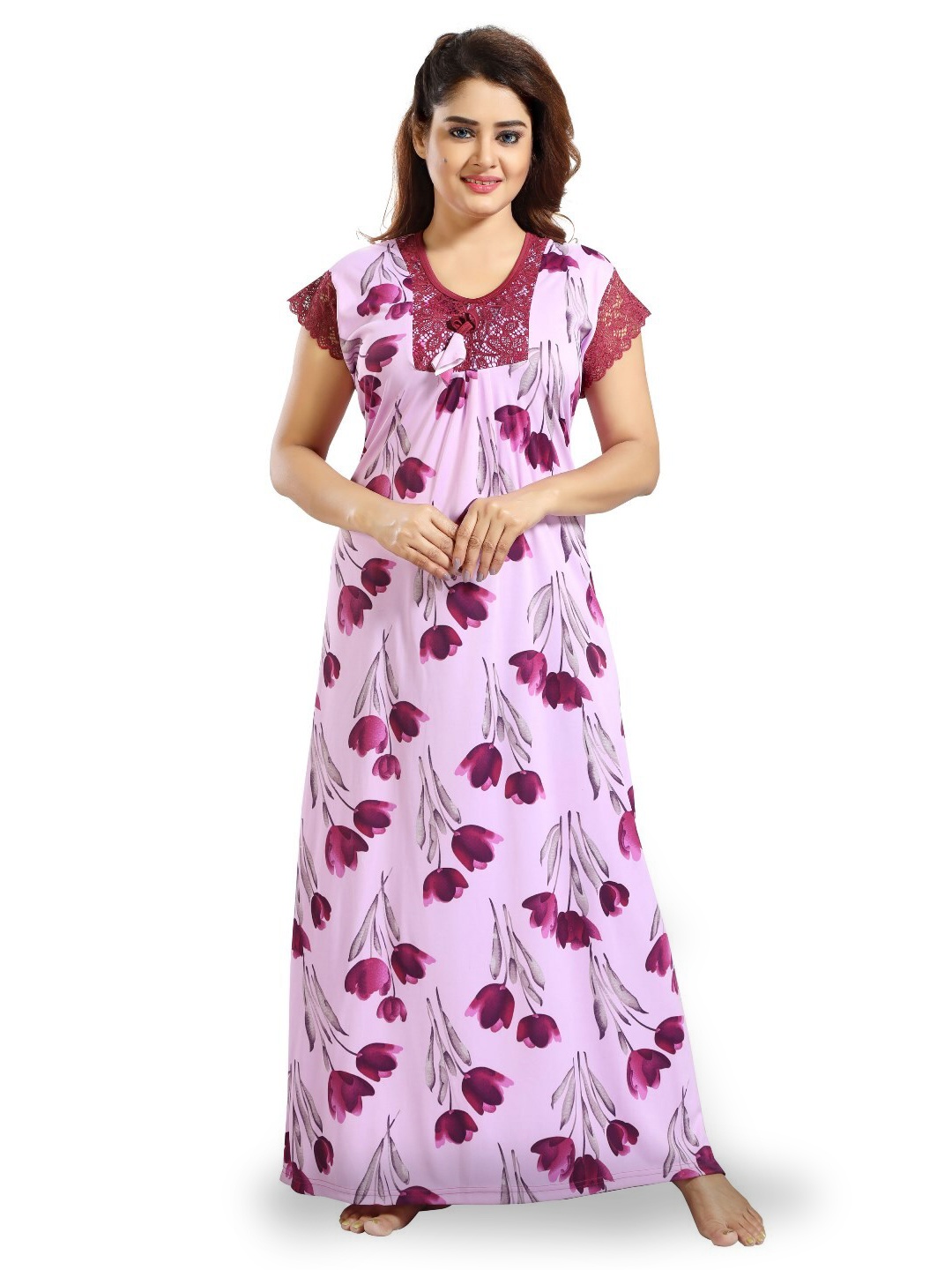 SHOPPING STATION Floral Printed Satin Maxi Nightdress, Purple