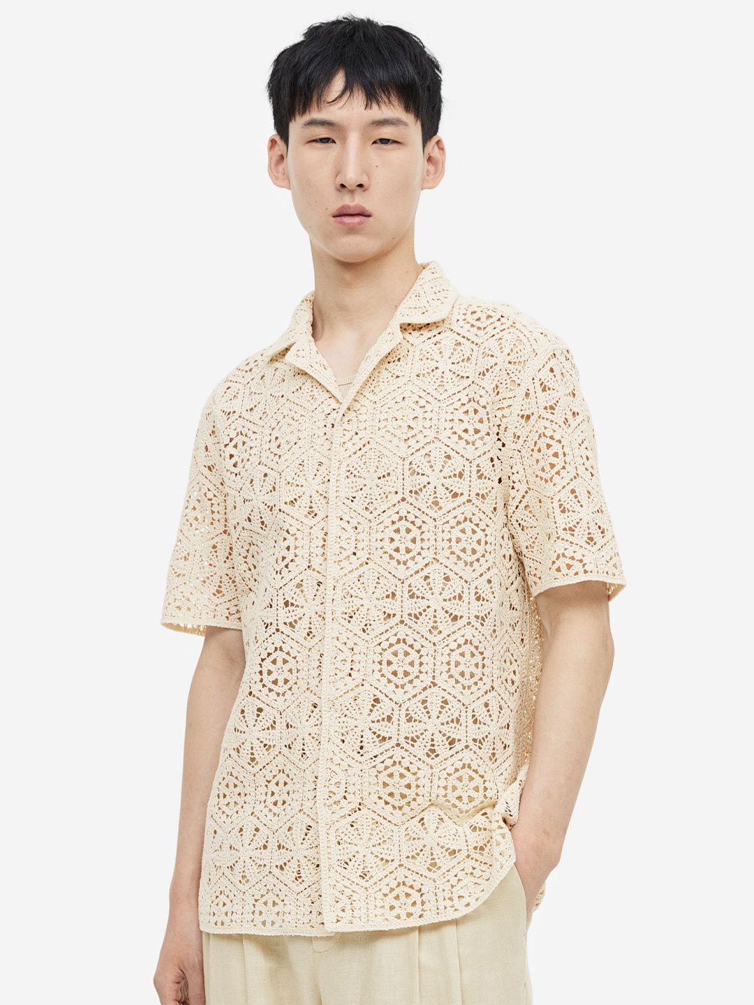 H&M Regular Fit Crochet-Look Resort Shirt, Beige