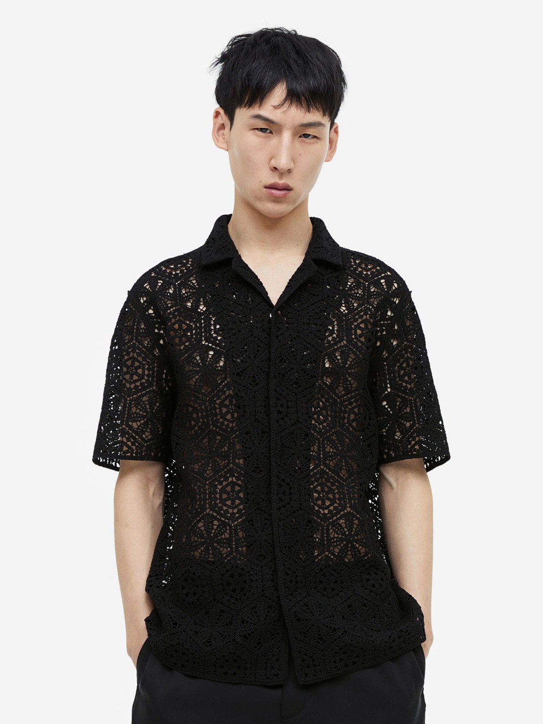 H&M Regular Fit Crochet-Look Resort Shirt, Black