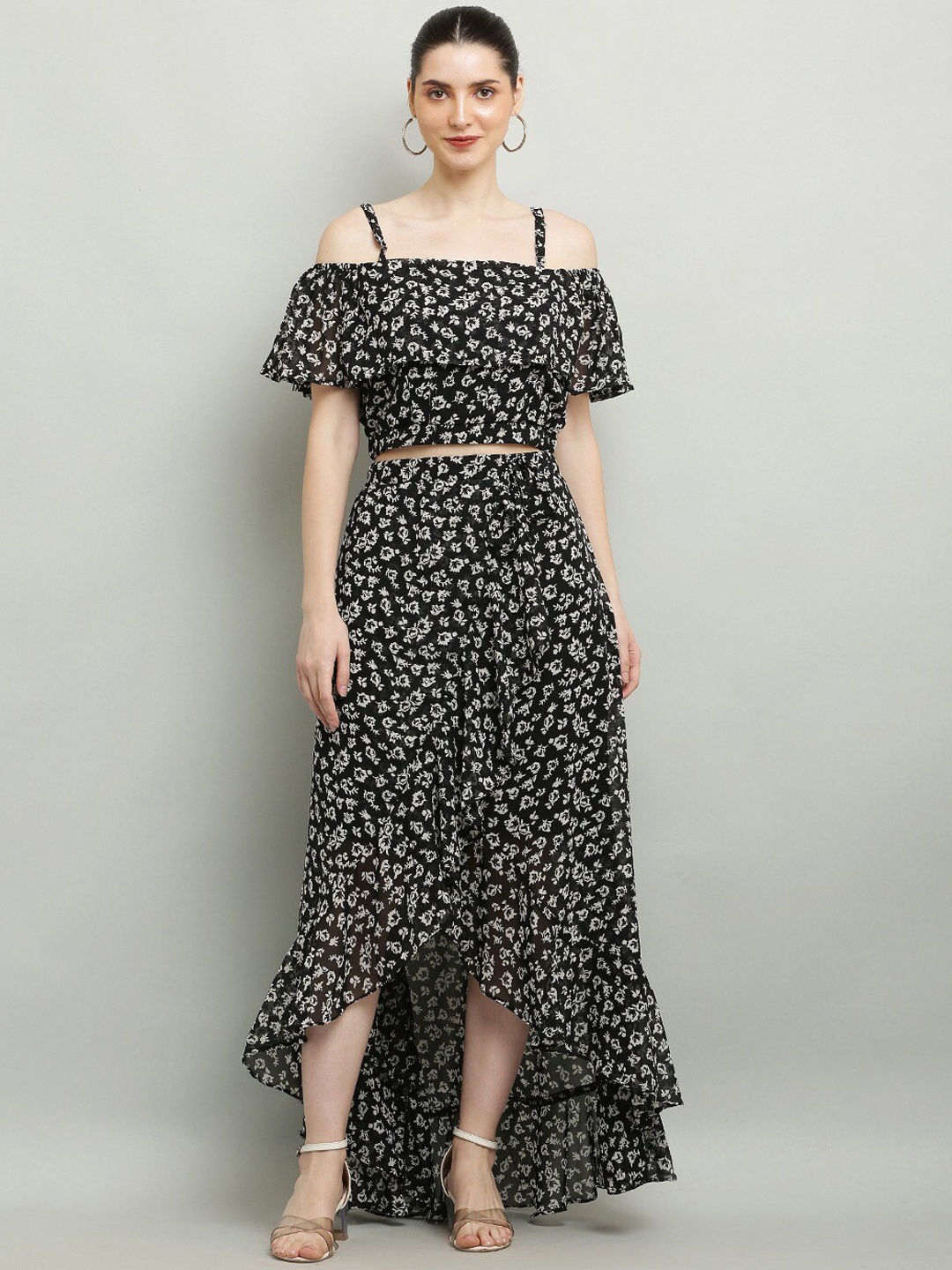 Ashnaina Floral Printed Shoulder Straps Top With Flared Skirt, Black