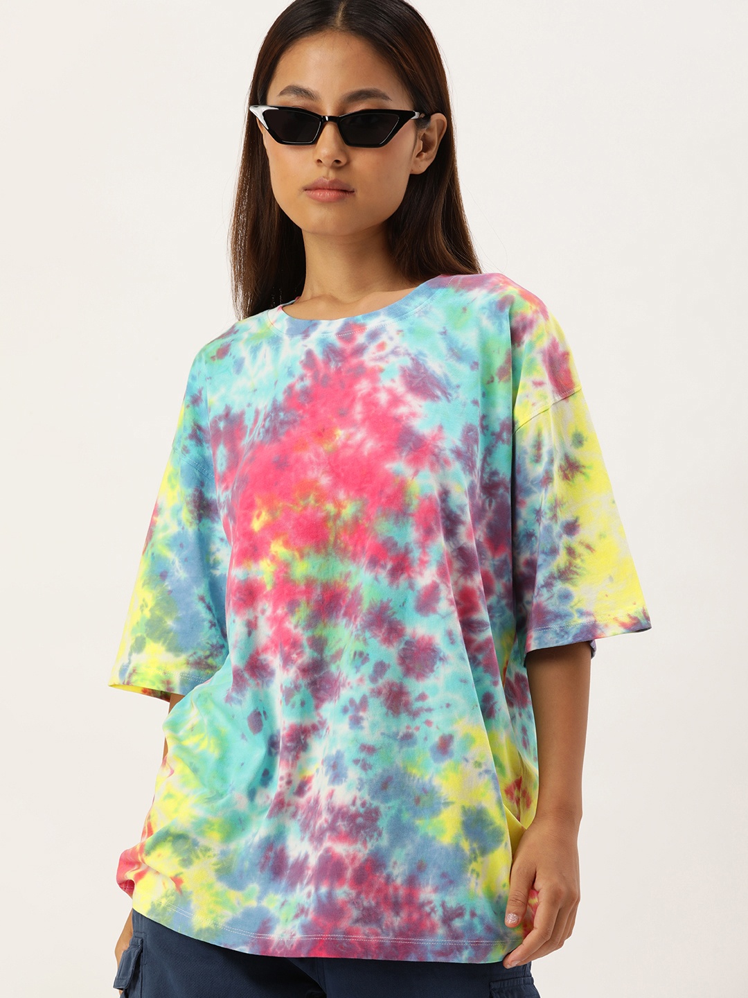 Kook N Keech Tie & Dye Drop-Shoulder Sleeves Loose Pure Cotton T-shirt, White