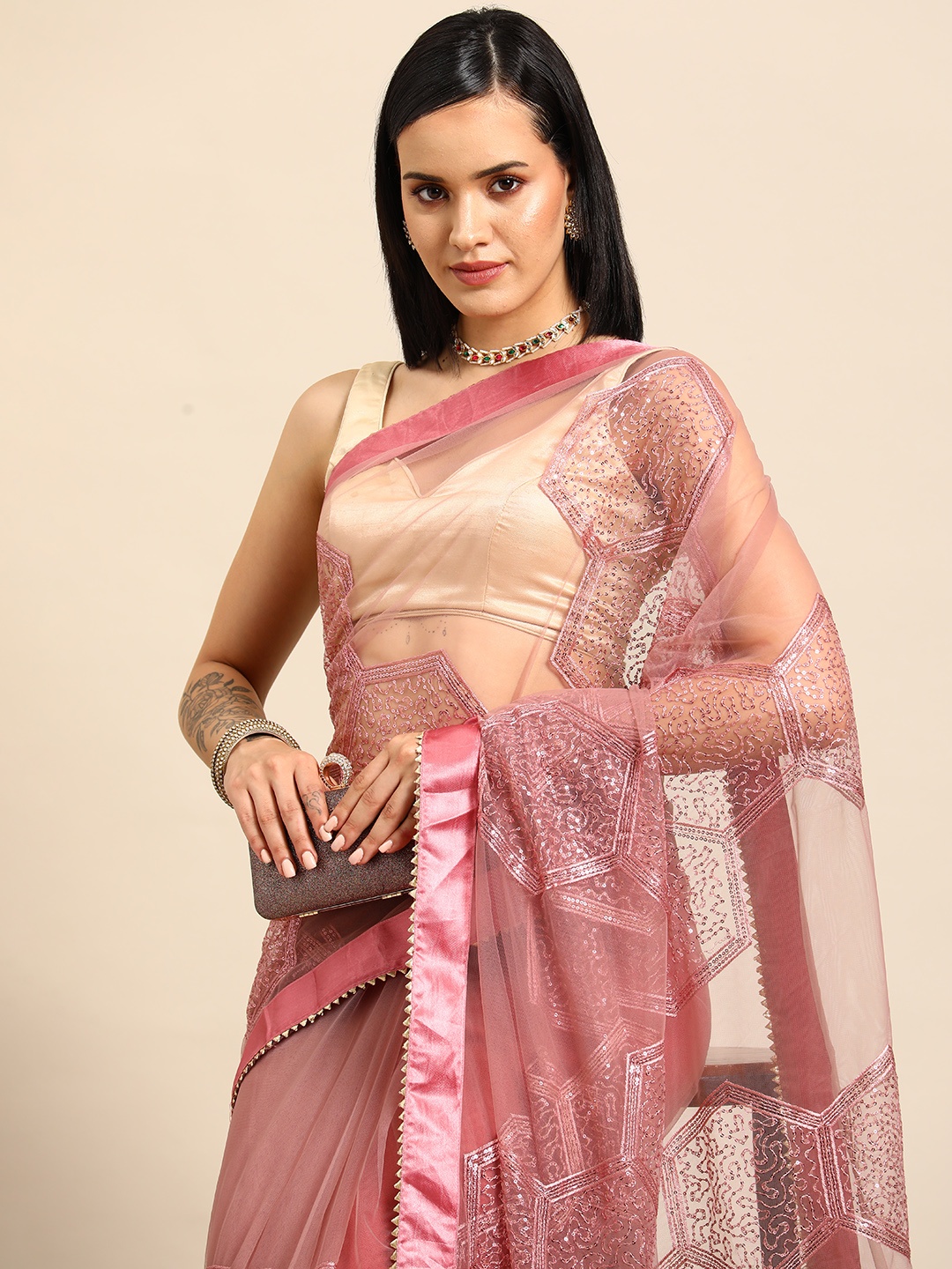 Tikhi Imli Woven Design Sequinned Net Saree, Pink
