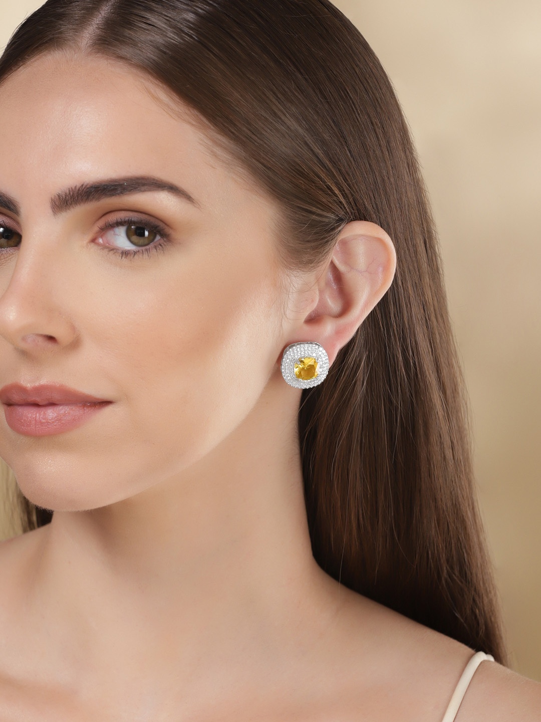 Rubans Rhodium Plated Yellow Sapphire & Cubic Zicronia Studded Studs Earrings, Silver
Rubans Rhodium Plated Yellow Sapphire & Cubic Zicronia Studded Studs Earrings, Silver