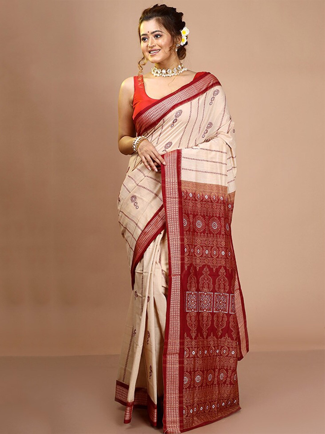 AllSilks Ethnic Motifs Pure Silk Bomkai Silk Saree, Cream