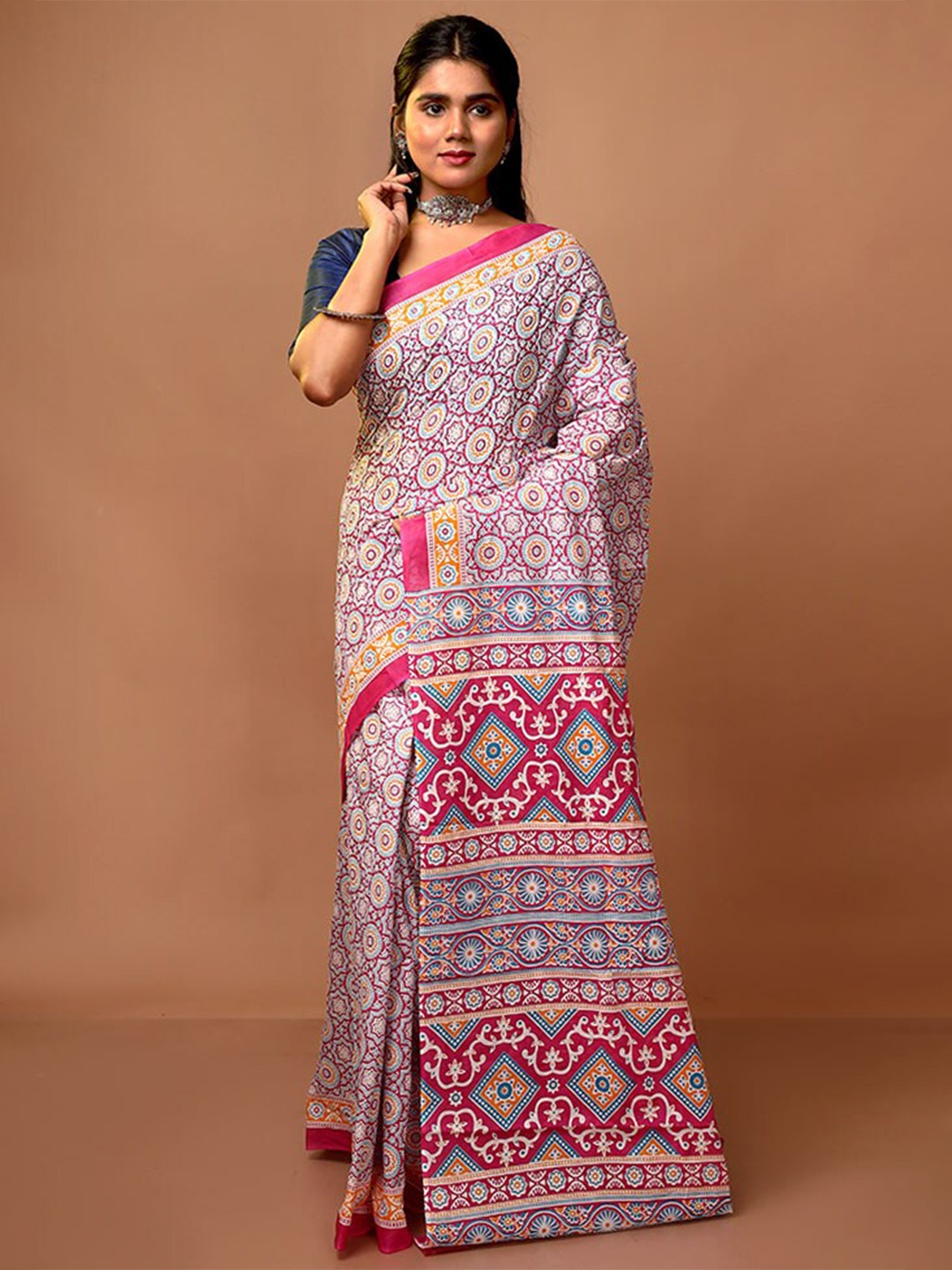 AllSilks Floral Printed Pure Cotton Saree, Pink