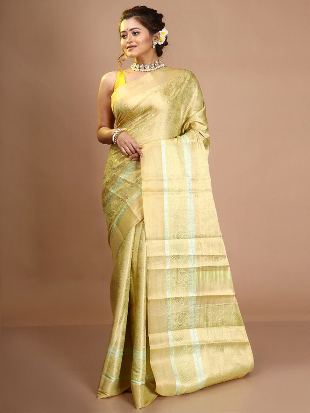 AllSilks Green & Gold-Toned Paisley Zari Pure Silk Saree