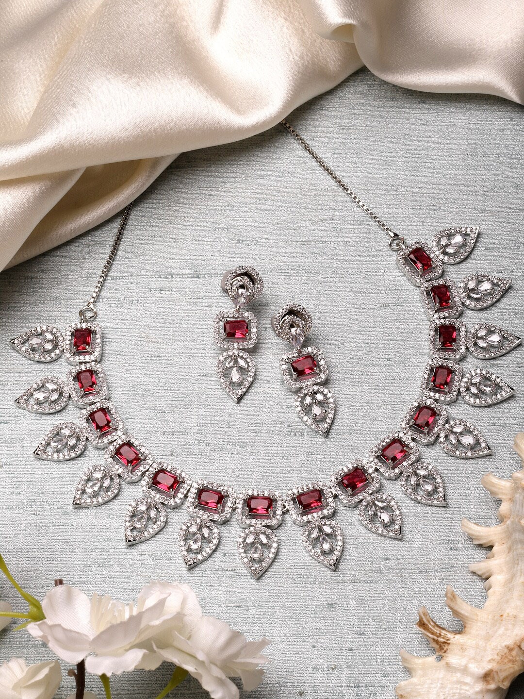 ZENEME Rhodium-Plated American Diamond Studded Necklace And Earring Jewellery Set, Silver
ZENEME Rhodium-Plated American Diamond Studded Necklace And Earring Jewellery Set, Silver