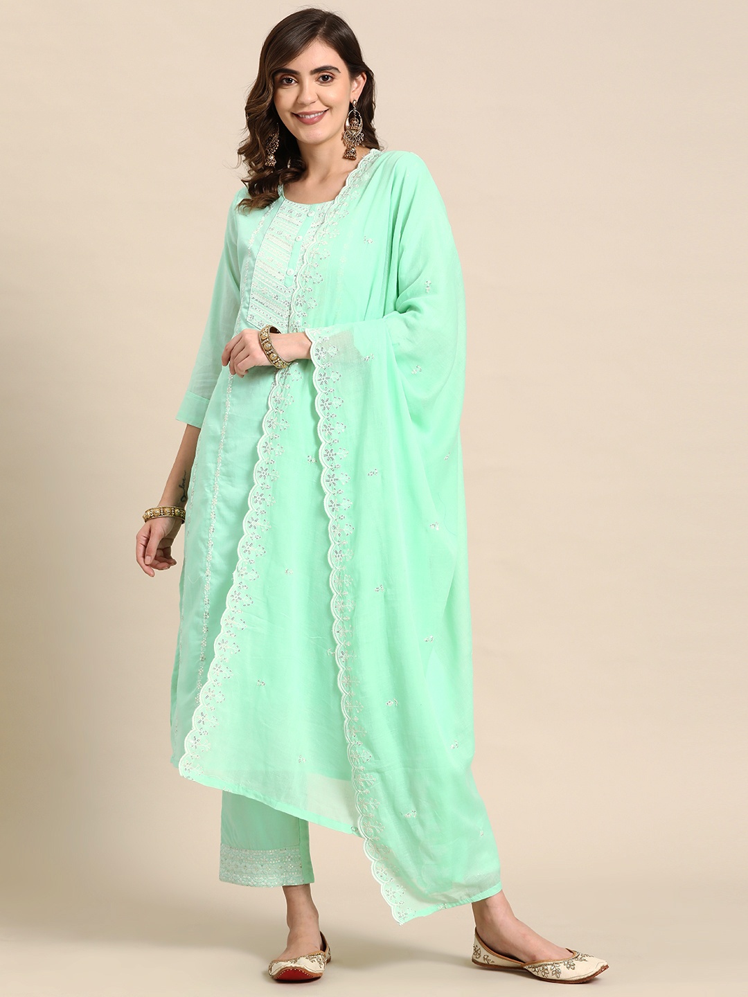 Prakhya Floral Printed Regular Sequinned Pure Cotton Kurta With Palazzos & Dupatta, Sea green
Prakhya Floral Printed Regular Sequinned Pure Cotton Kurta With Palazzos & Dupatta, Sea green