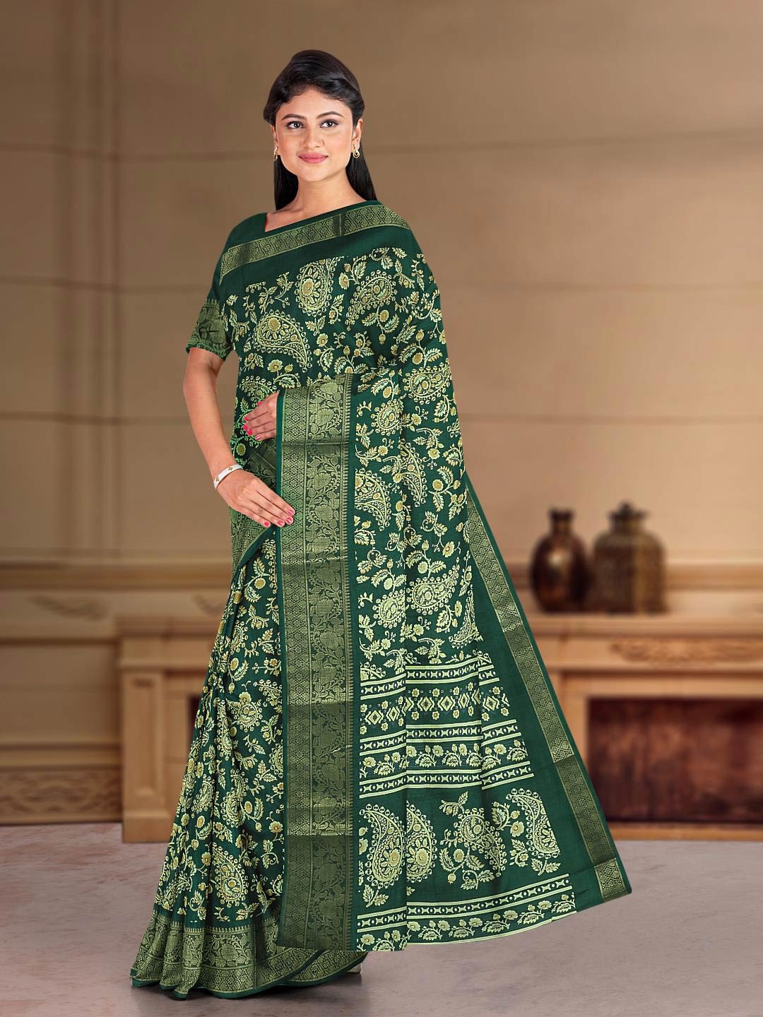 Kalamandir Paisley Printed Zari Saree, Green