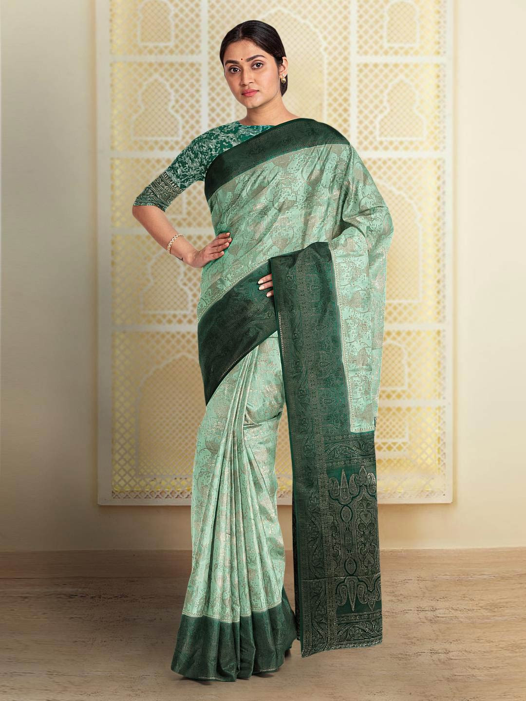 Kalamandir Floral Printed Zari Saree, Sea green 
Kalamandir Floral Printed Zari Saree, Sea green