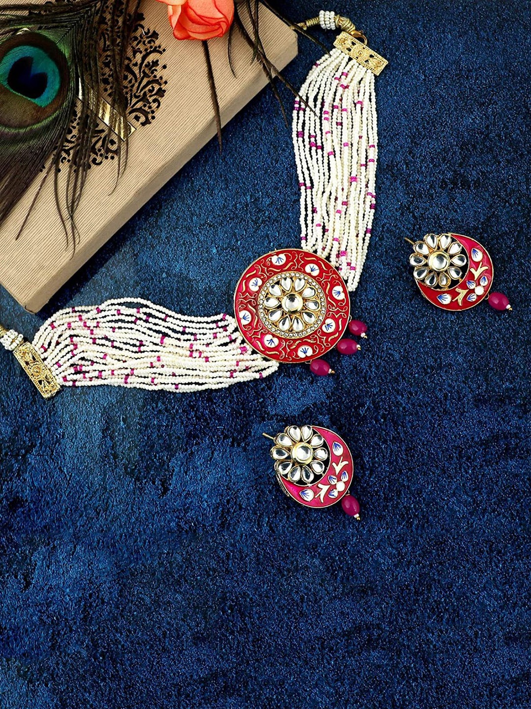 MANSIYAORANGE Gold-Plated Kundan & AD-Studded & Pearl-Beaded Necklace & Earrings, Pink
MANSIYAORANGE Gold-Plated Kundan & AD-Studded & Pearl-Beaded Necklace & Earrings, Pink