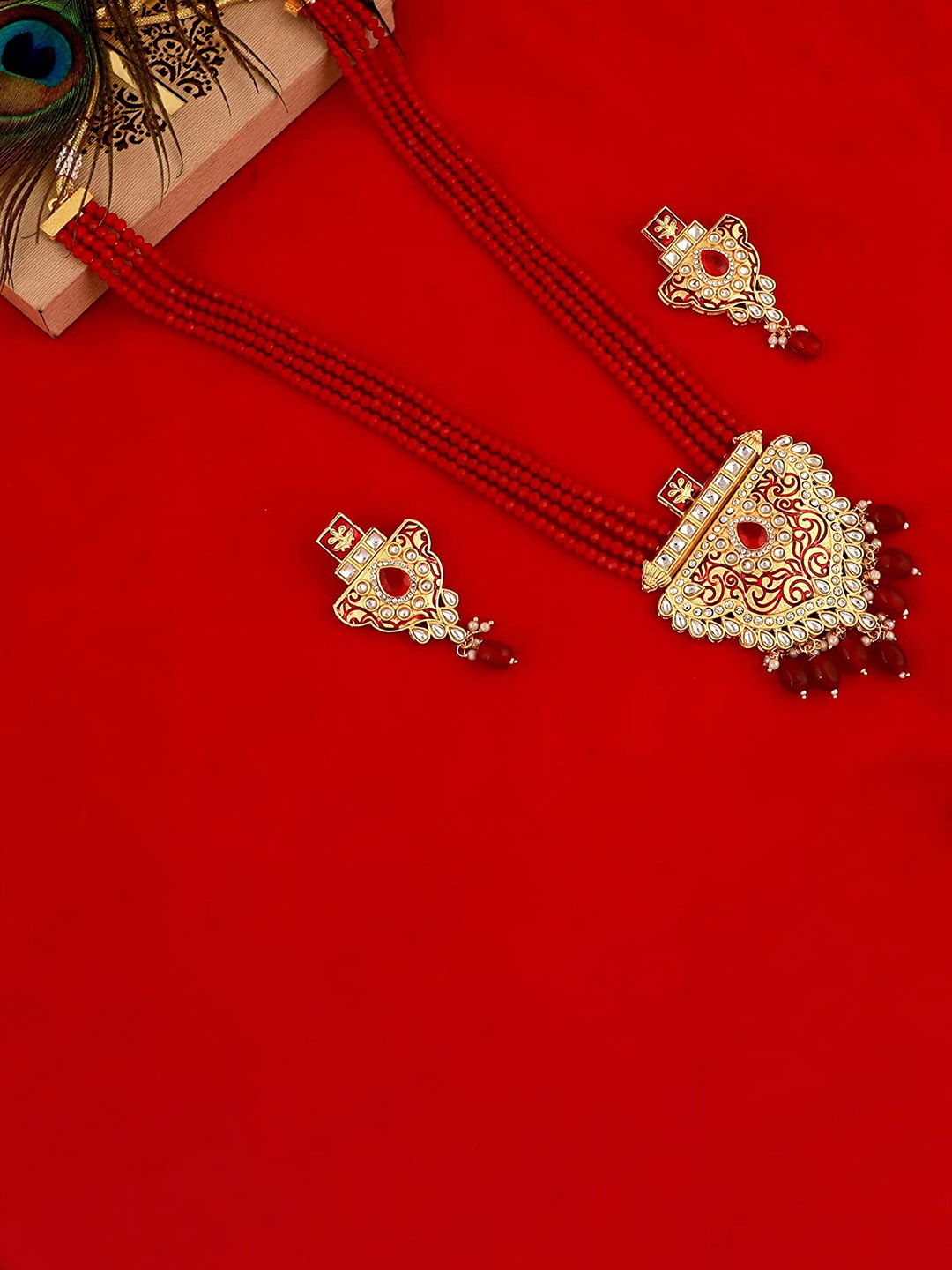 MANSIYAORANGE Gold-Plated Long Rani Haar Kundan-Studded & Beaded Necklace & Earrings
MANSIYAORANGE Gold-Plated Long Rani Haar Kundan-Studded & Beaded Necklace & Earrings