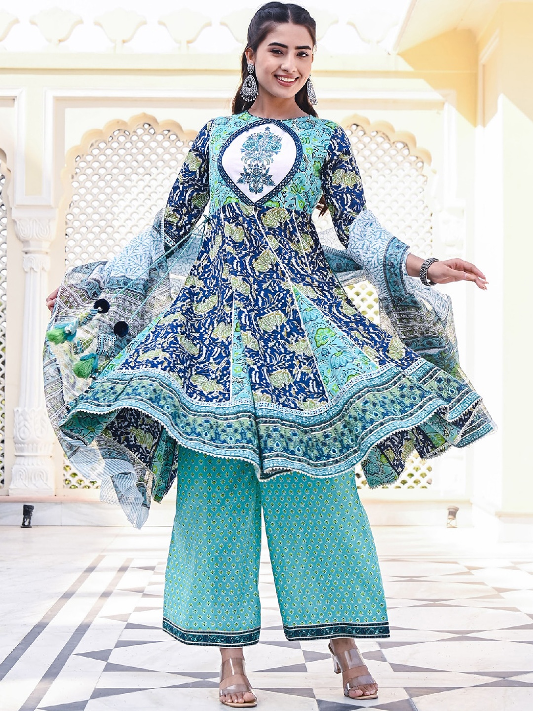 EverBloom Printed Thread Work Sequinned Panelled Pure Cotton Kurta with Palazzos & Dupatta, Turquoise blue
EverBloom Printed Thread Work Sequinned Panelled Pure Cotton Kurta with Palazzos & Dupatta, Turquoise blue