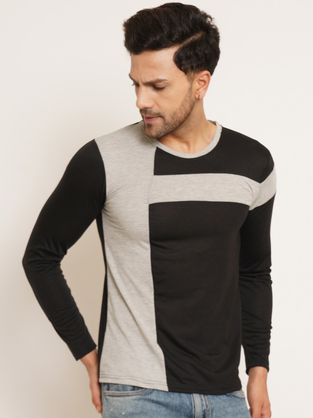 Kushi Flyer Round Neck Colourblocked Cotton T-shirt, Black