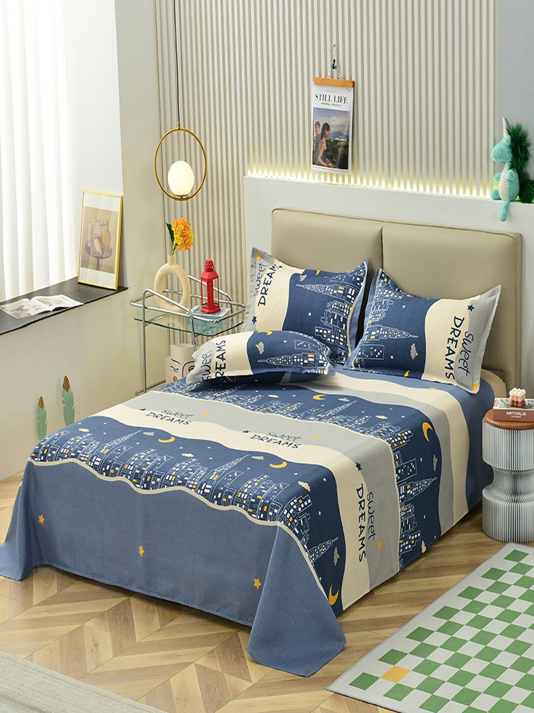 JC Collection Blue & Cream Conversational 140 TC Queen Bedsheet With 2 Pillow Covers
JC Collection Blue & Cream Conversational 140 TC Queen Bedsheet With 2 Pillow Covers