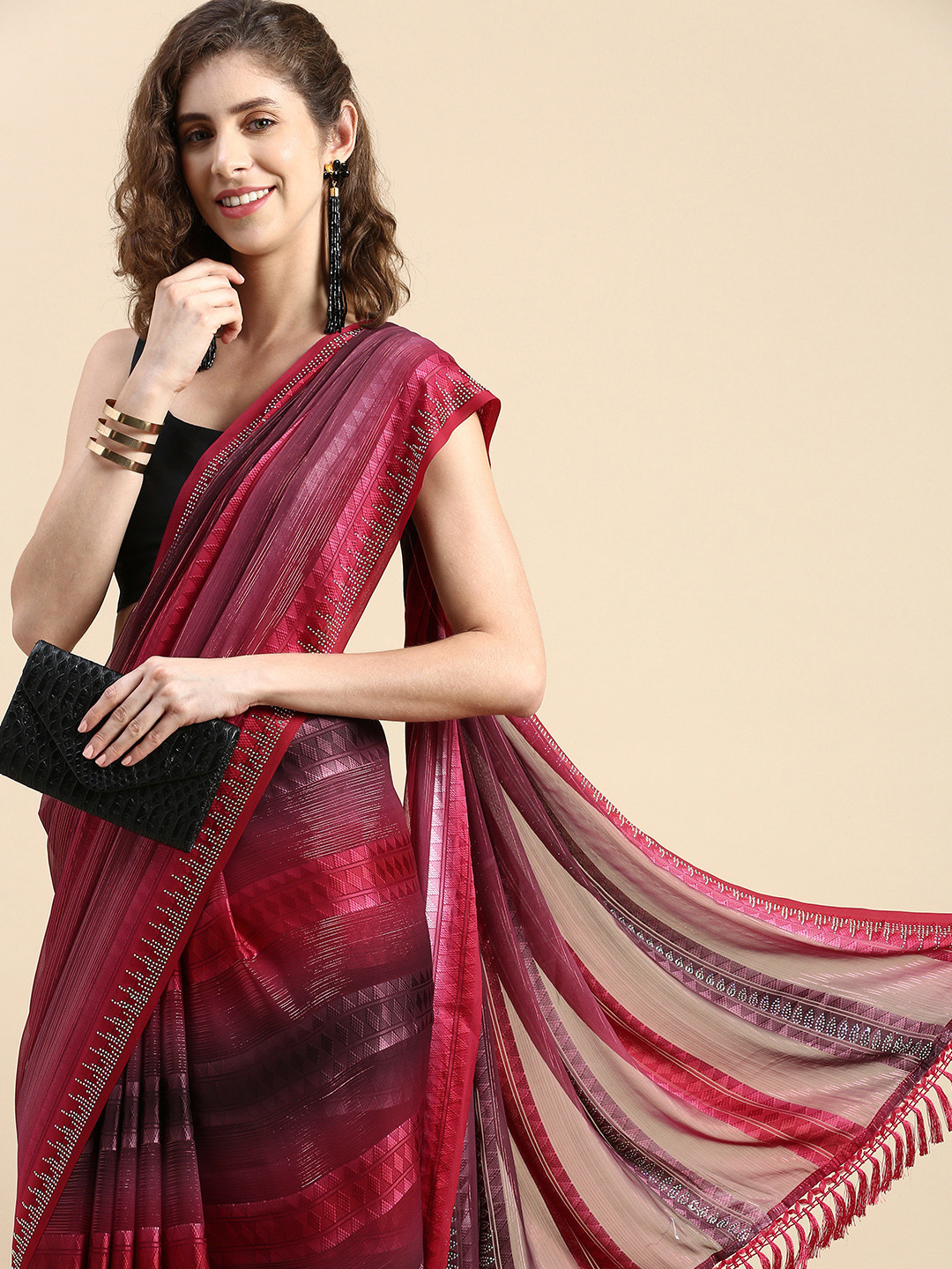 Pothys Striped Stones-Studded Pure Georgette Saree, Multi 
Pothys Striped Stones-Studded Pure Georgette Saree, Multi