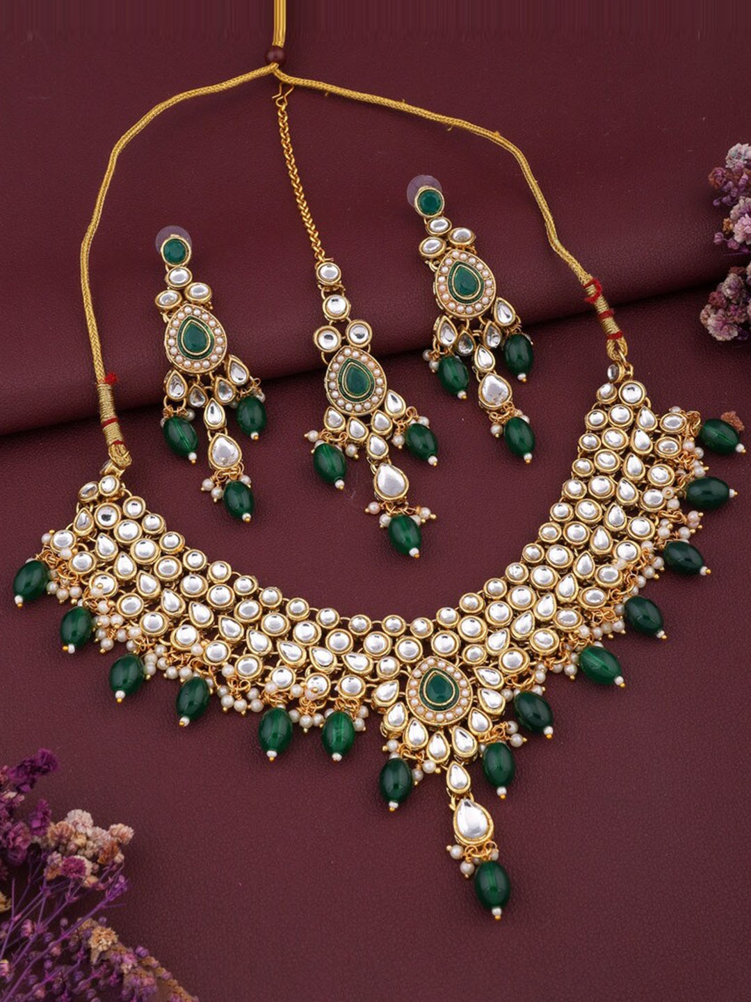 ROFARWORD Gold-Plated Stone-Studded & Beaded Jewellery Set
