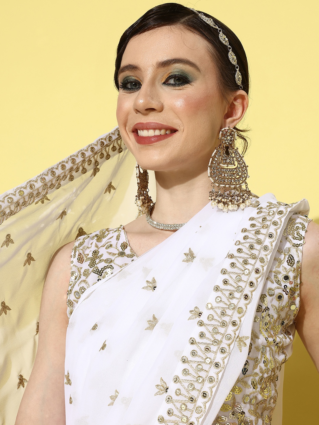 Mitera Floral Zari Pure Georgette Saree, White