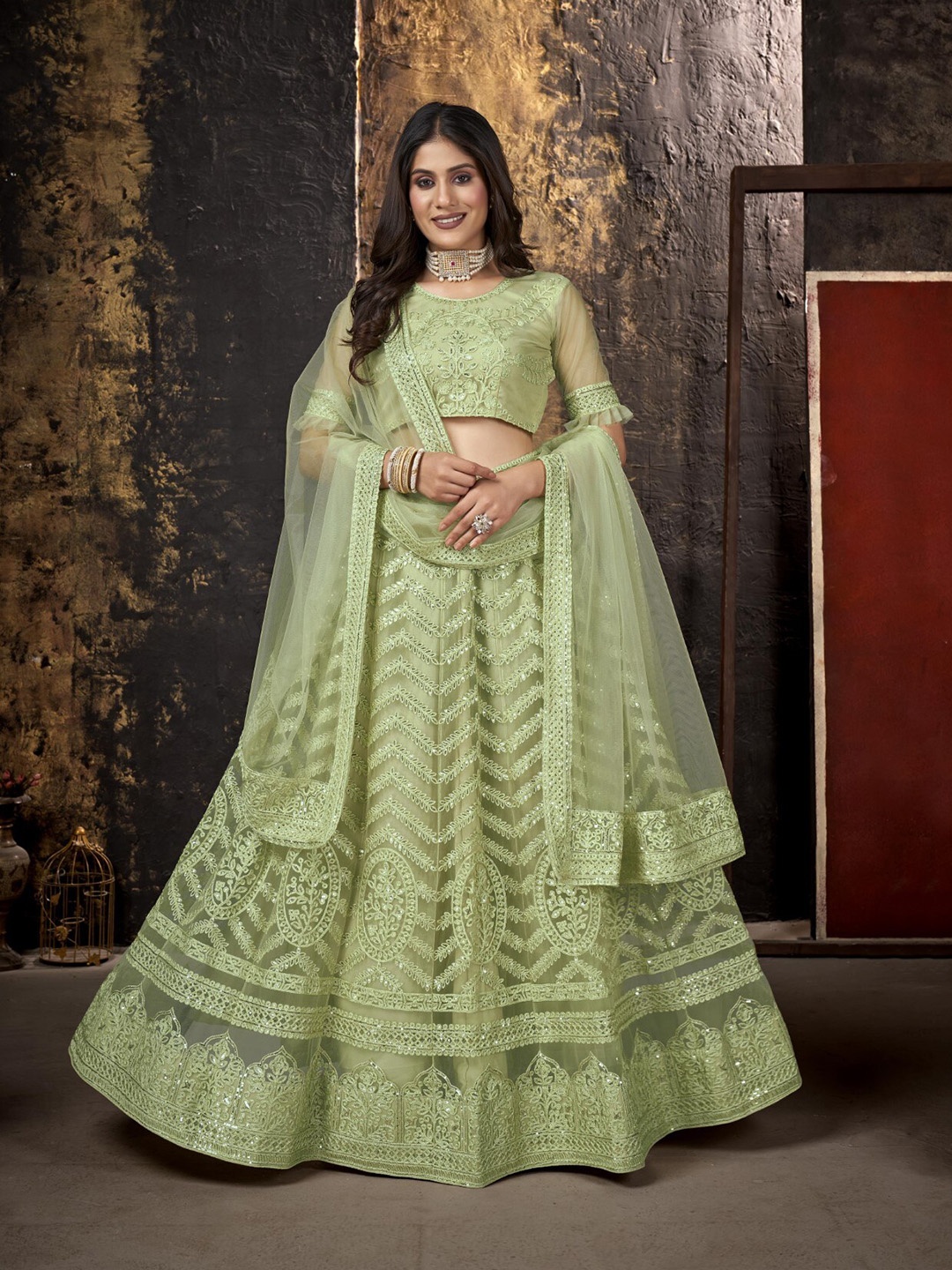 Pandadi Saree Sequinned Embroidered Semi-Stitched Lehenga & Blouse With Dupatta, Green
Pandadi Saree Sequinned Embroidered Semi-Stitched Lehenga & Blouse With Dupatta, Green