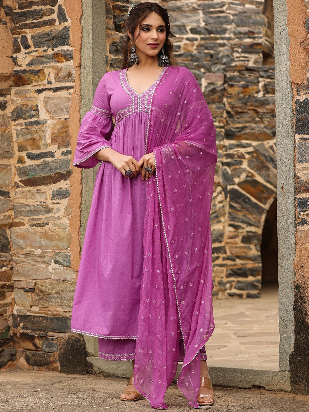 EverBloom Embroidered Sequinned Pleated Pure Cotton Kurta with Palazzos & Dupatta, Purple
EverBloom Embroidered Sequinned Pleated Pure Cotton Kurta with Palazzos & Dupatta, Purple