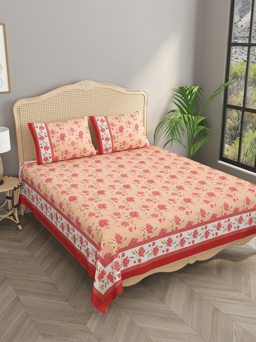 Gulaab Jaipur Peach & Pink Floral Cotton Flat 600 TC King Bedsheet With 2 Pillow Covers
Gulaab Jaipur Peach & Pink Floral Cotton Flat 600 TC King Bedsheet With 2 Pillow Covers