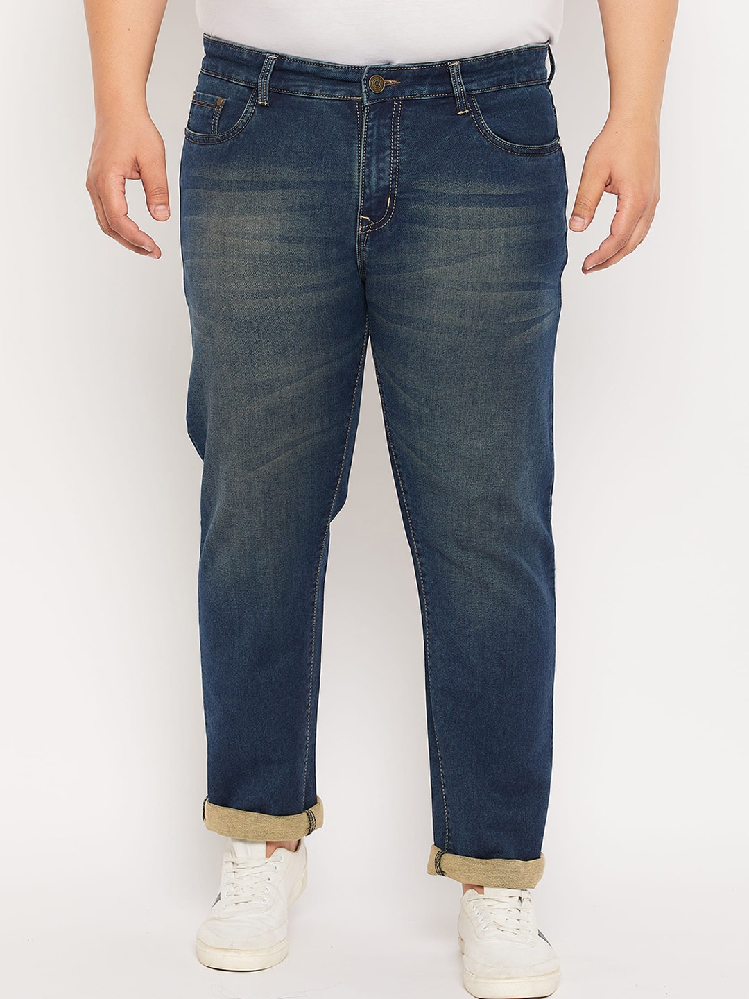 bigbanana Plus Size Men Mid-Rise Light Fade Stretchable Cotton Jeans, Blue