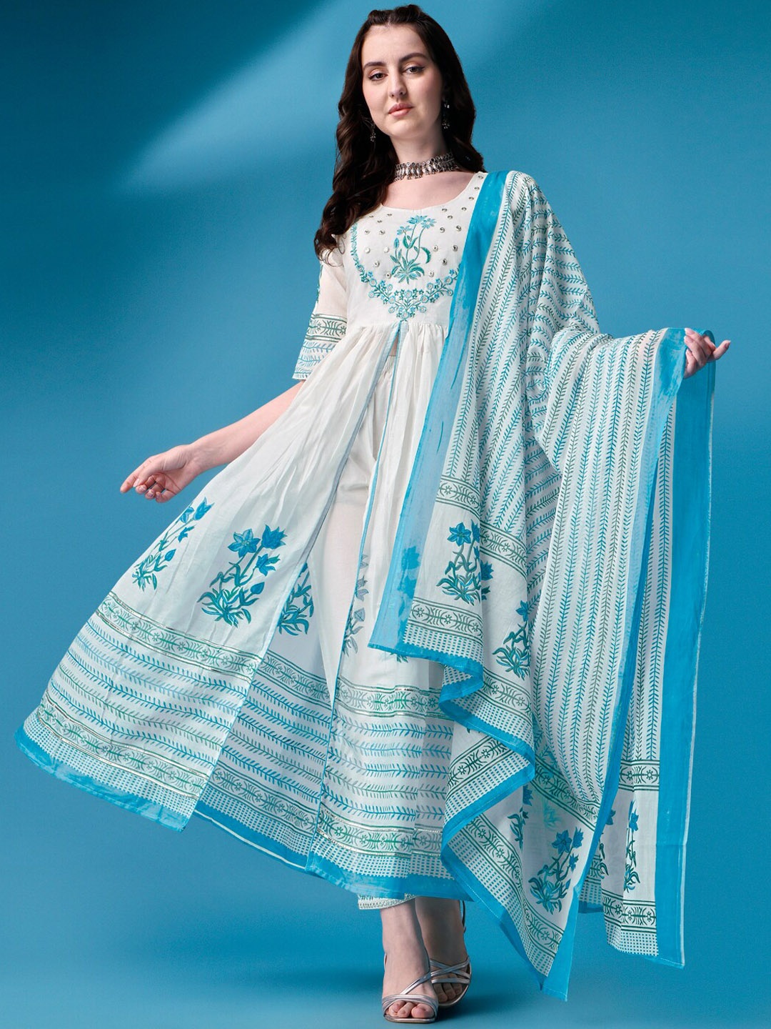 Ziva Fashion Floral Printed Pleated Mirror Work Kurta with Trousers & With Dupatta, Blue
Ziva Fashion Floral Printed Pleated Mirror Work Kurta with Trousers & With Dupatta, Blue