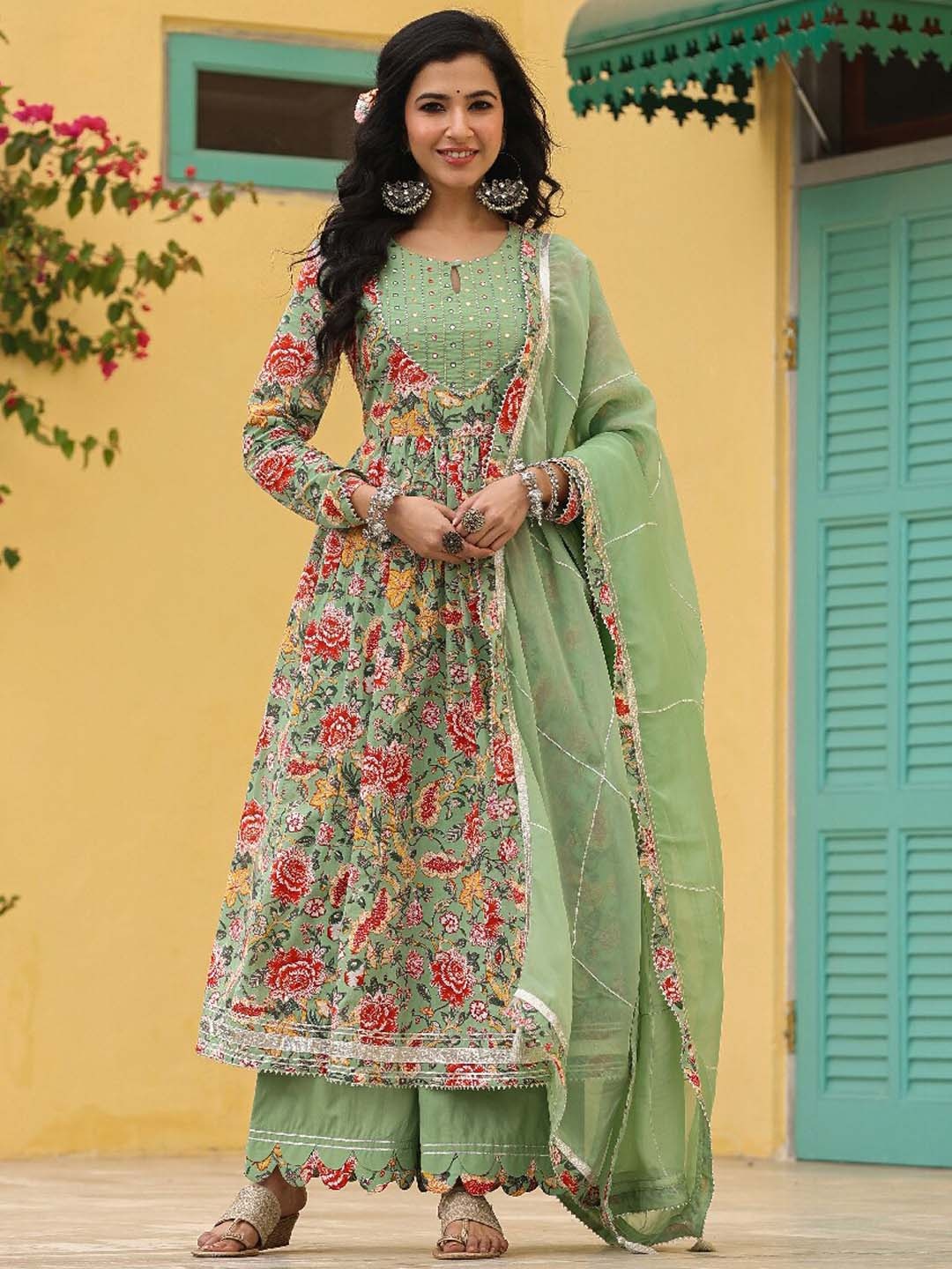 EverBloom Floral Printed Anarkali Pure Cotton Kurta with Palazzos & Dupatta, Green
EverBloom Floral Printed Anarkali Pure Cotton Kurta with Palazzos & Dupatta, Green