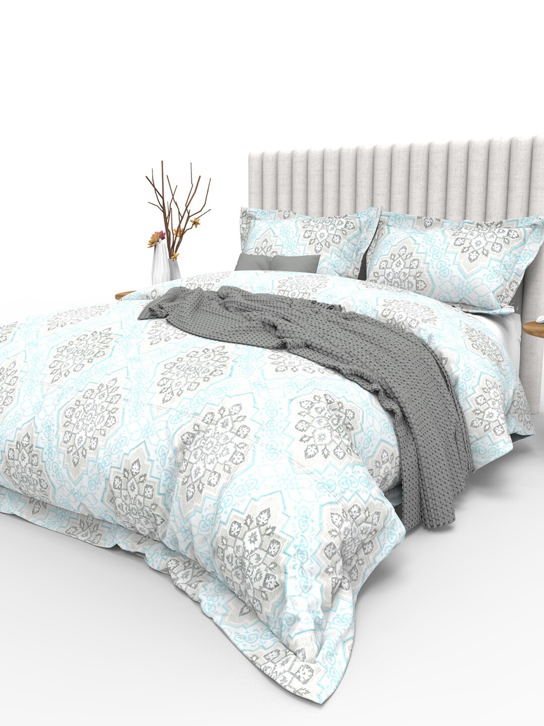 THE WHITE MOSS Blue & Grey Ethnic Motifs 350 TC Cotton King Bedsheet with 2 Pillow Covers
THE WHITE MOSS Blue & Grey Ethnic Motifs 350 TC Cotton King Bedsheet with 2 Pillow Covers