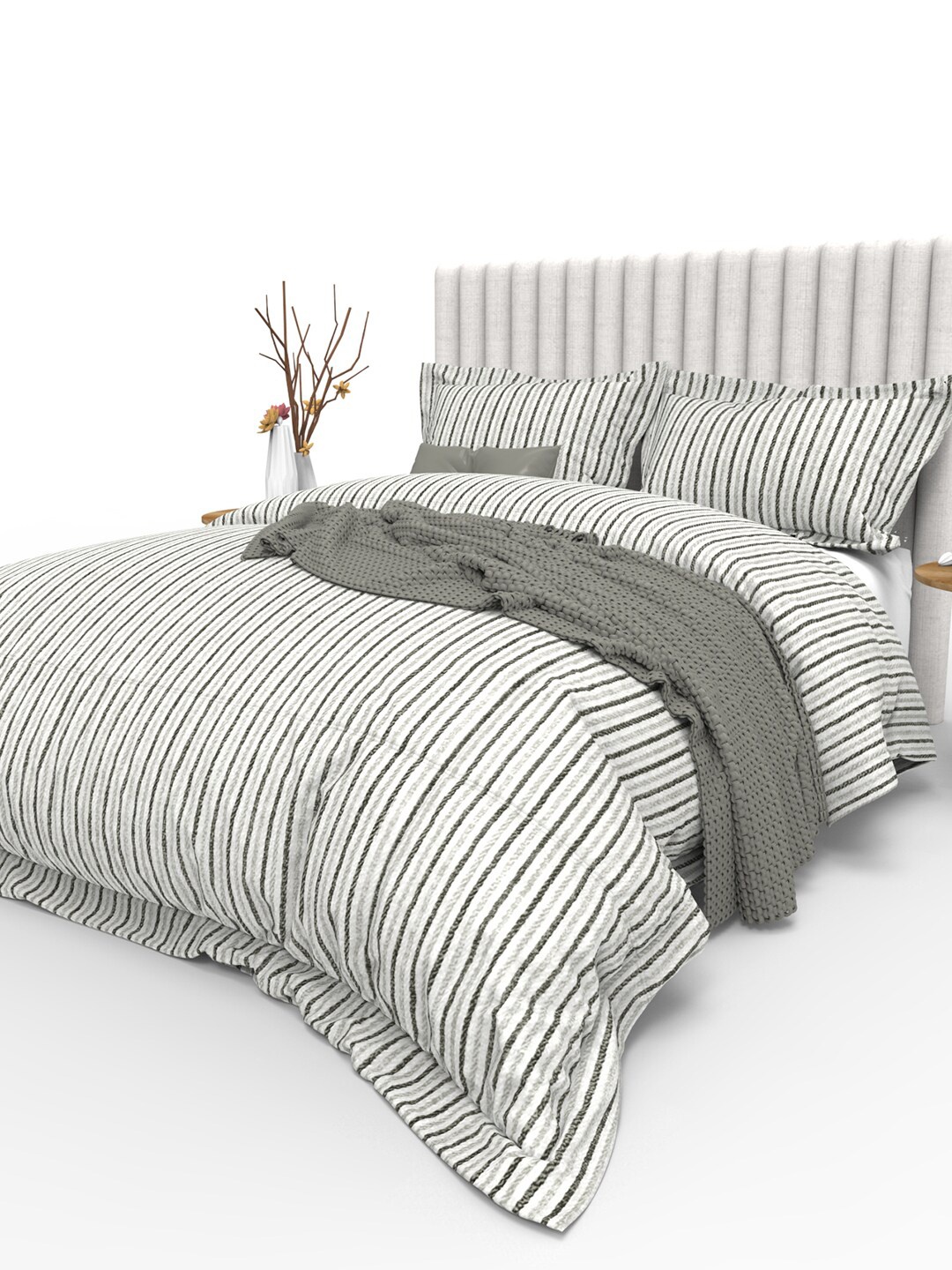 THE WHITE MOSS Grey & White Striped 350 TC Pure Cotton King Bedsheet with 2 Pillow Covers
THE WHITE MOSS Grey & White Striped 350 TC Pure Cotton King Bedsheet with 2 Pillow Covers
